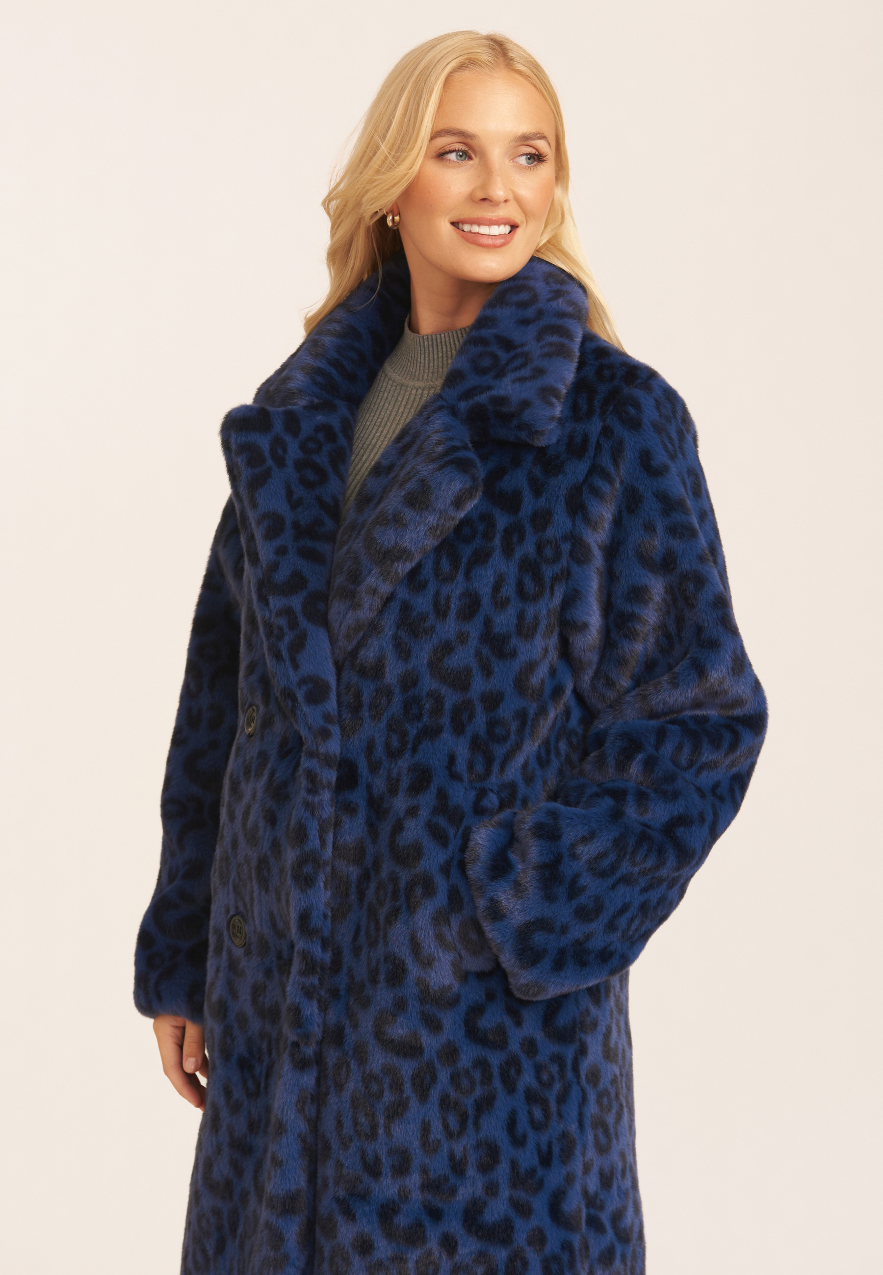 Gini London Leopard dubbelknäppt långärmad päls kappor & rockar dam – bild 2