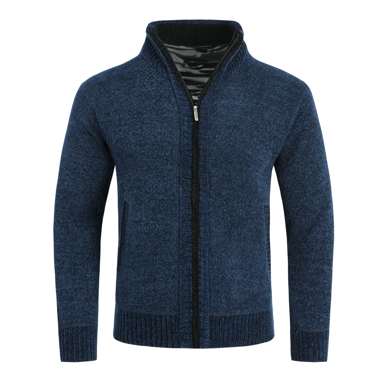 Thumbnail - Herren-Cardigan mit Rei?verschluss, Stehkragen und gefuttertem Grobstrickpullover Blau