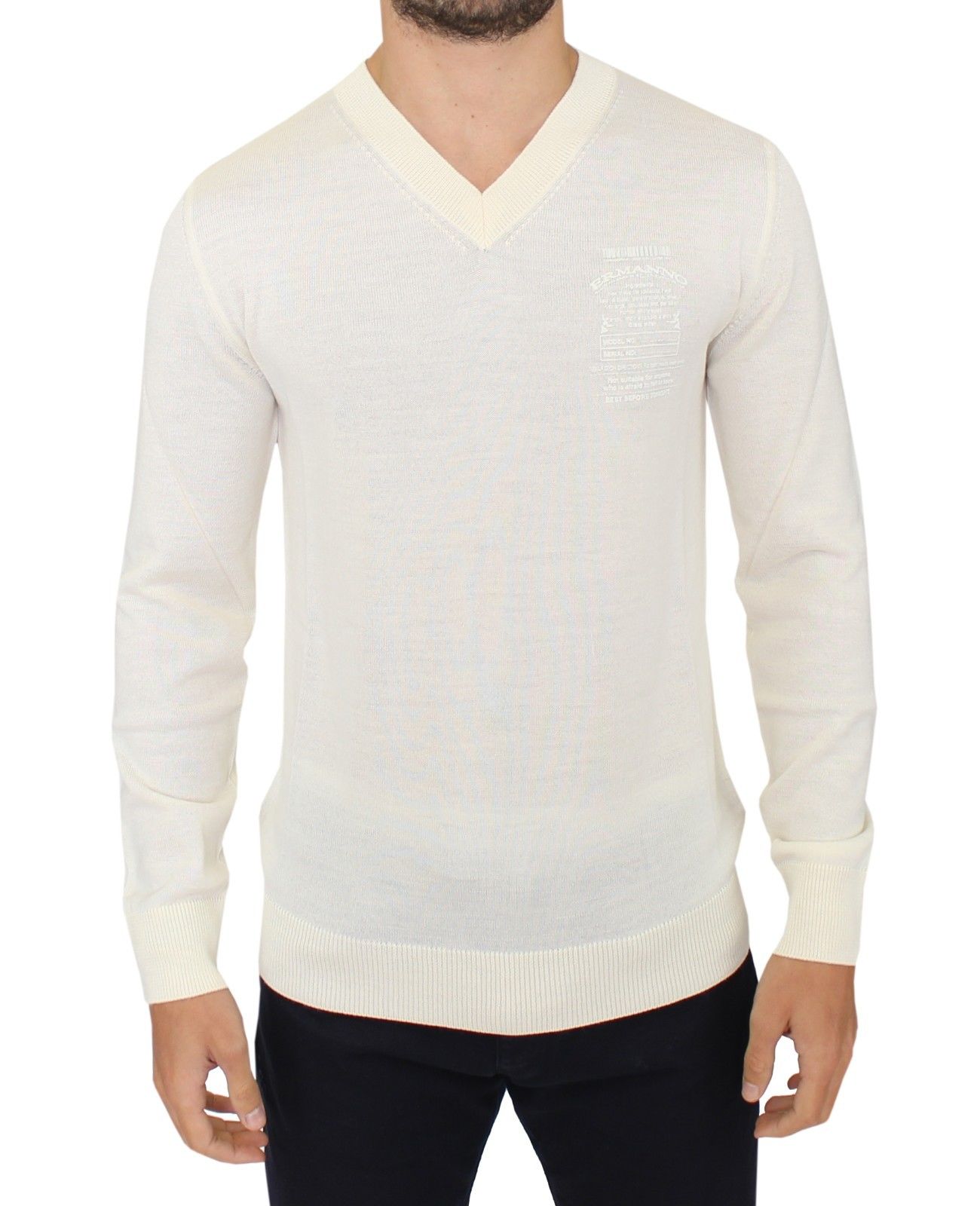 Thumbnail - Ermanno Scervino - Pull col en V en laine mélangée blanc cassé pour hommes
