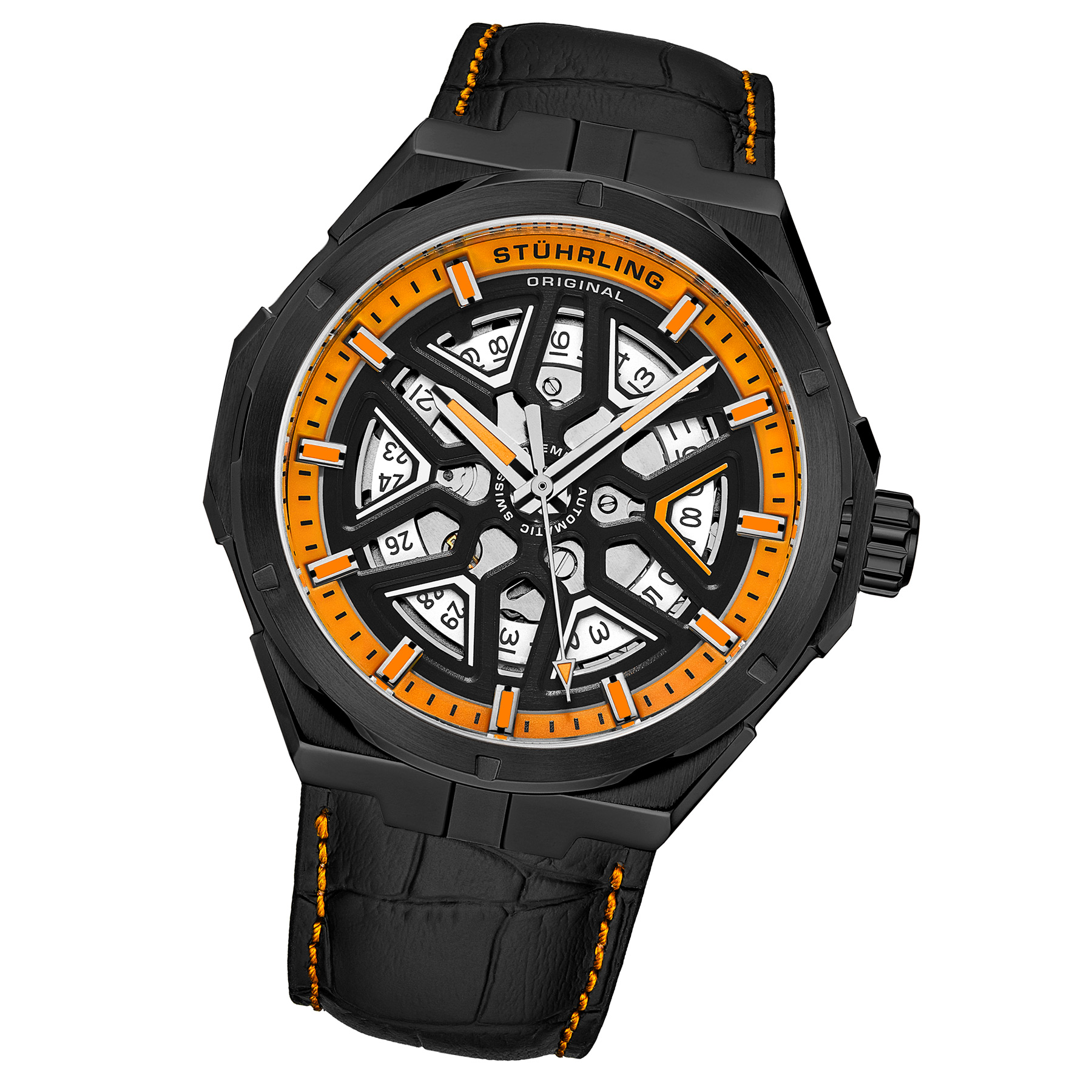 Stührling och orange Gio Swiss Automatisk 44 mm Skelett analoga klockor herr – bild 2