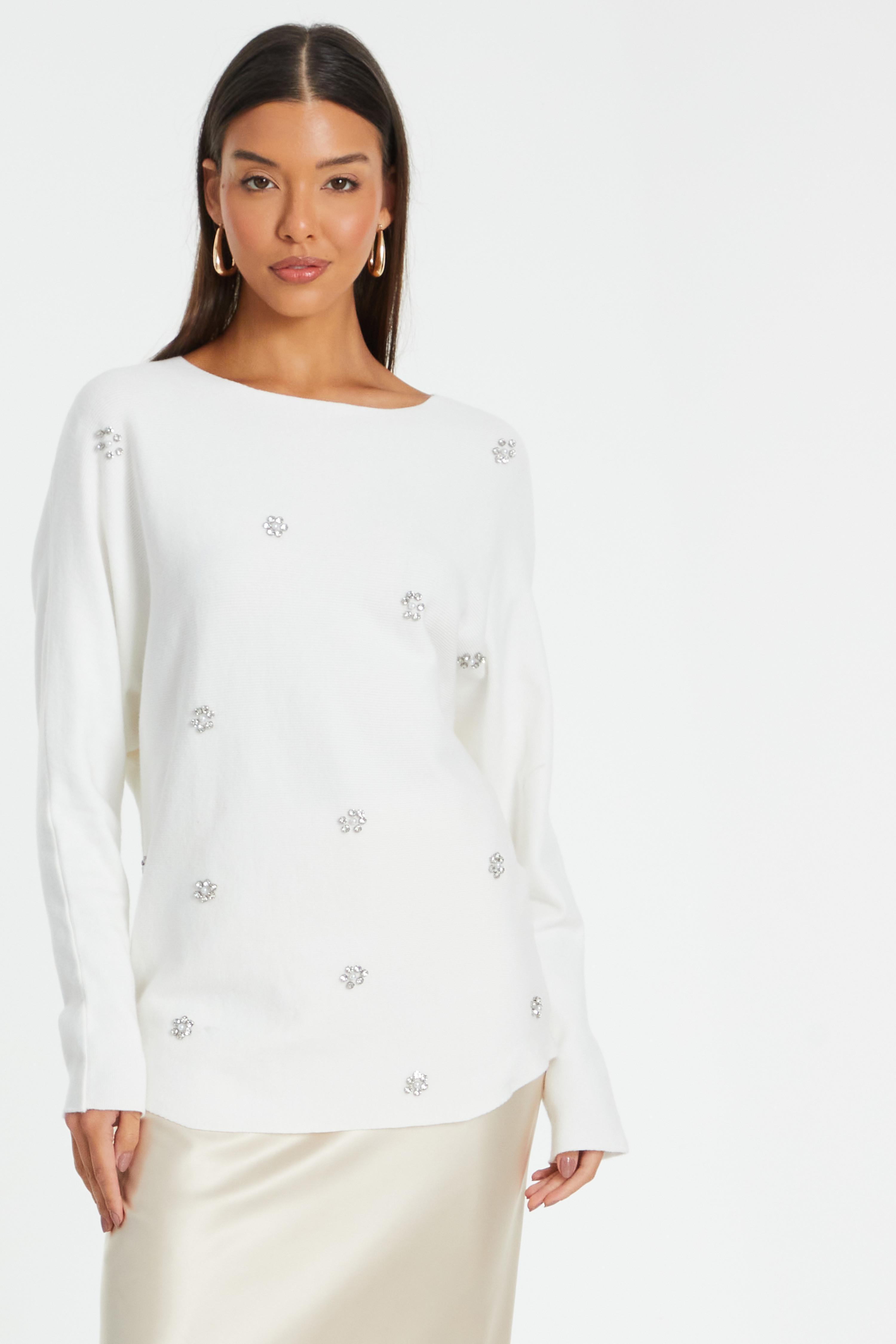 Quiz Womens Cream Knitted Beaded Batwing Jumper - Size Large