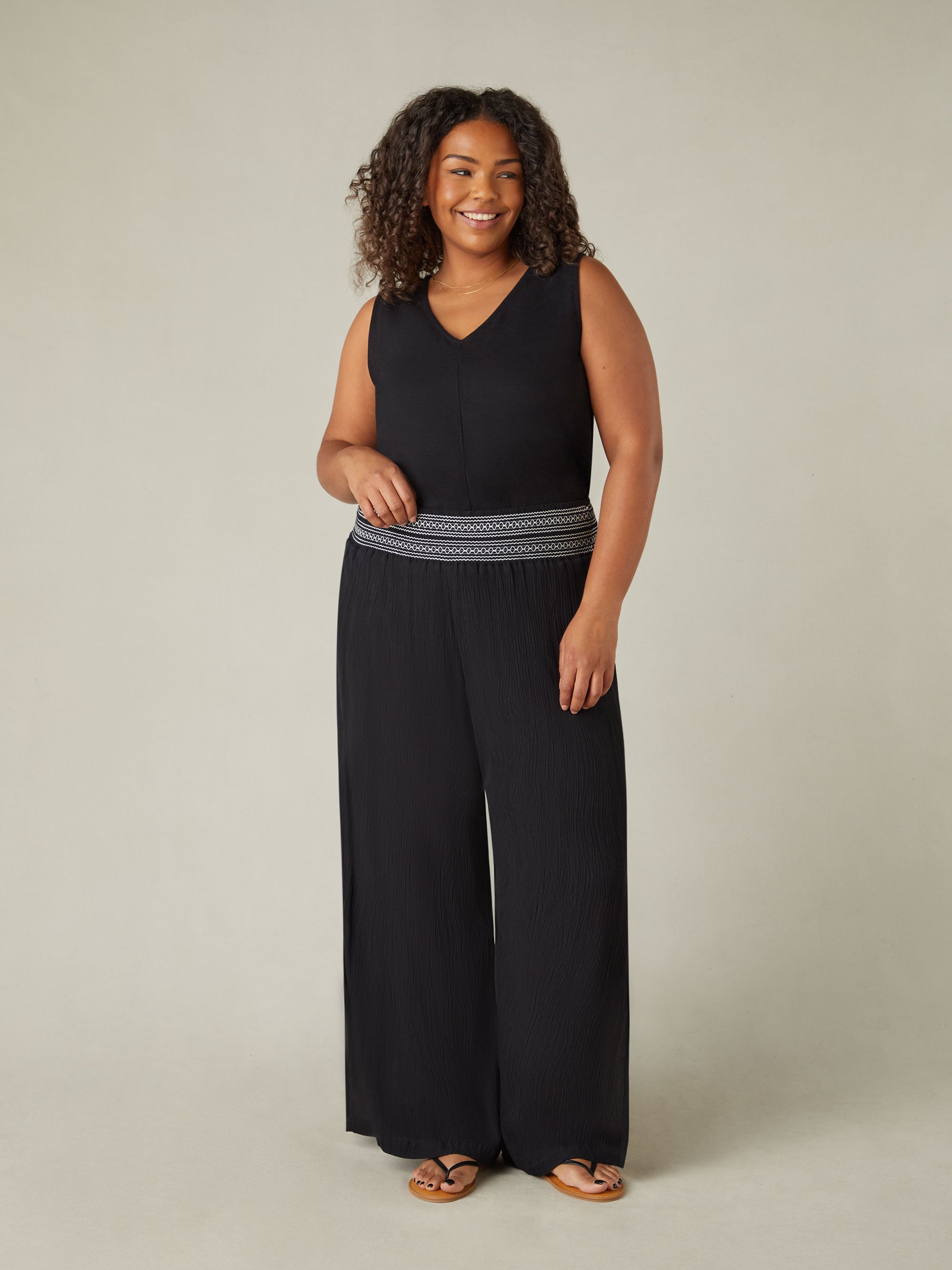 Live Unlimited Womens Black Shirred Waist Wide Leg Trousers - Size 12 UK