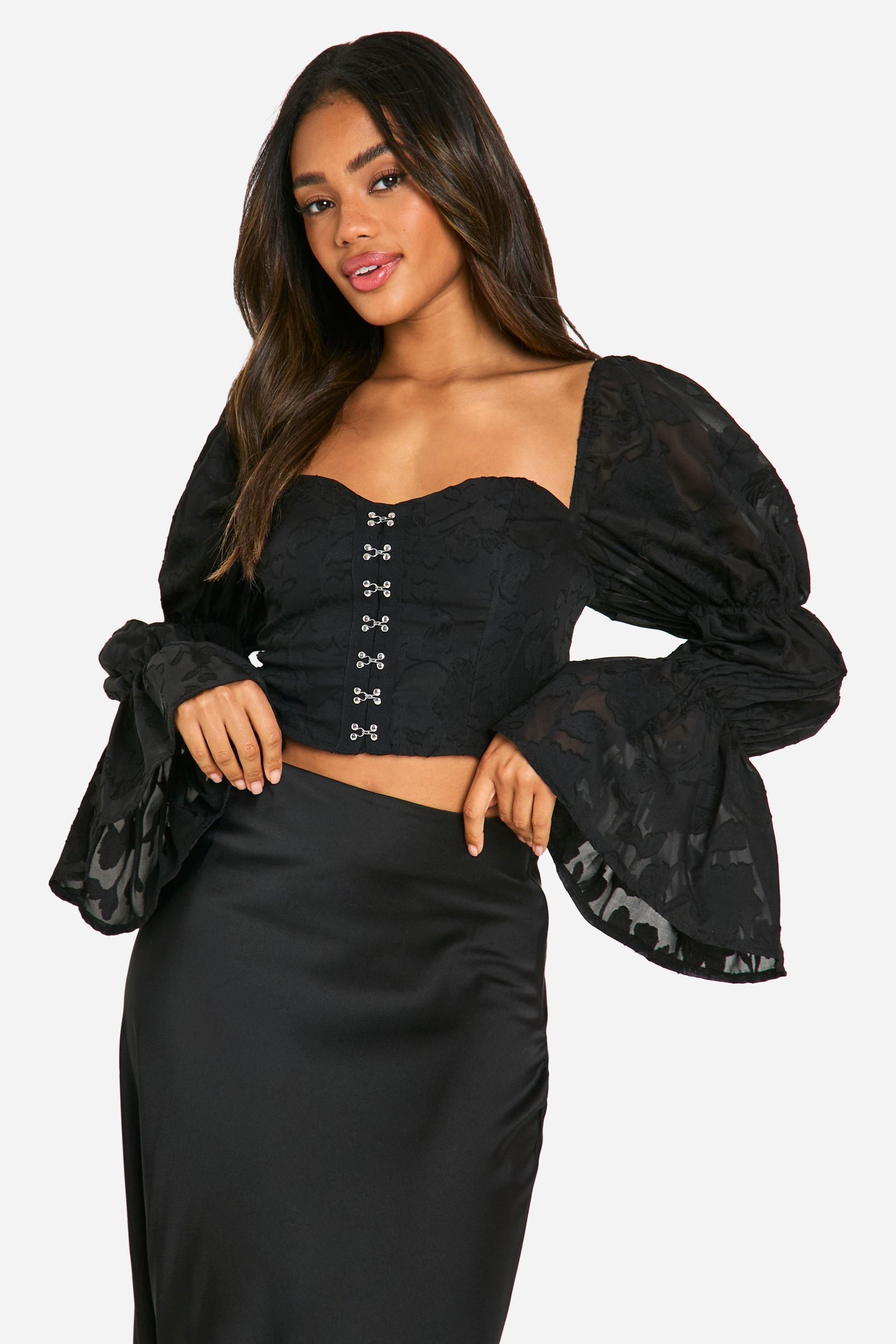 Boohoo Womens Hook And Eye Floral Burnout Milkmaid Corset Top - Black - Size 10 UK