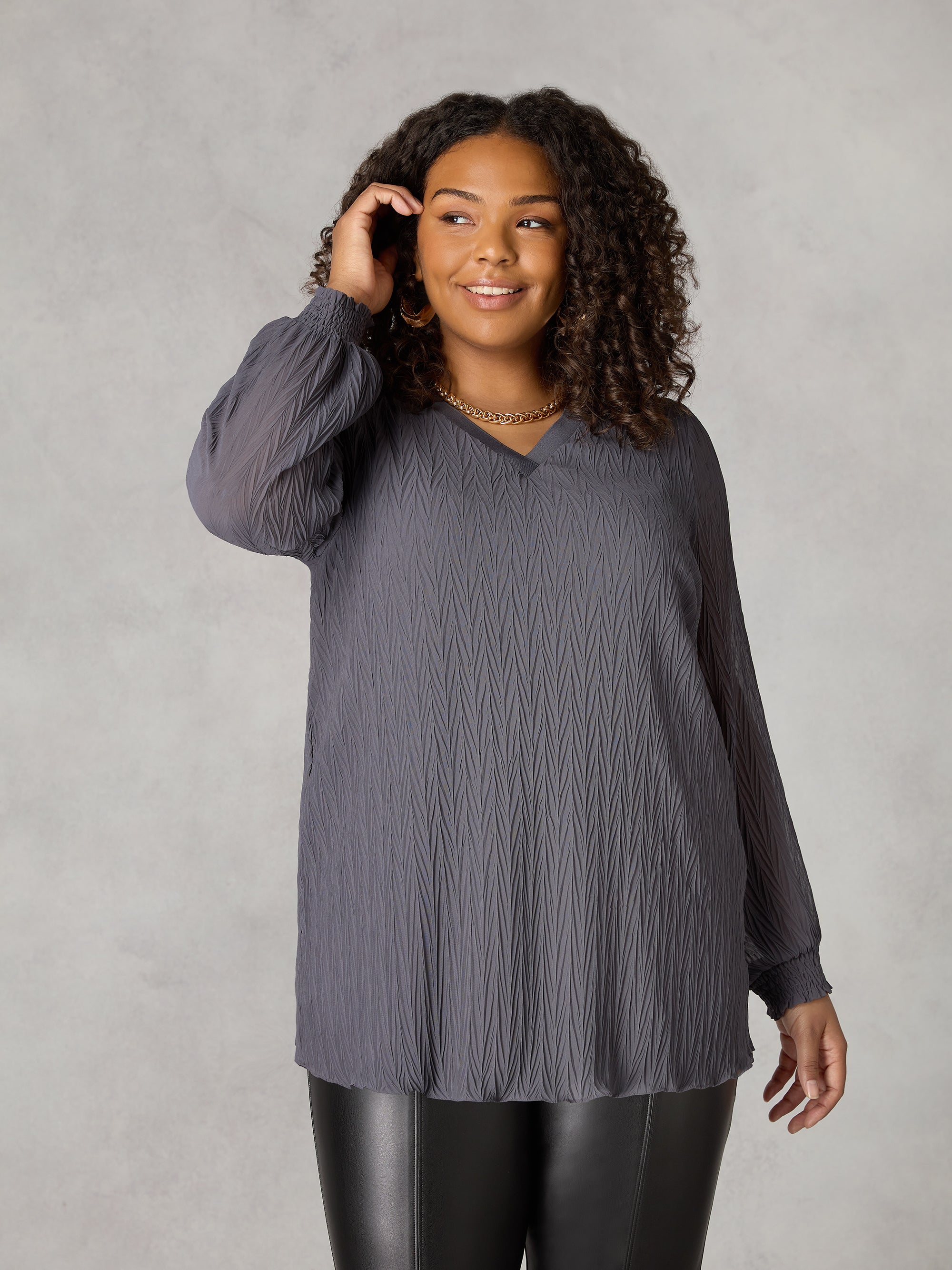 Live Unlimited Womens Grey Textured Rib Trim Blouse - Size 22 UK