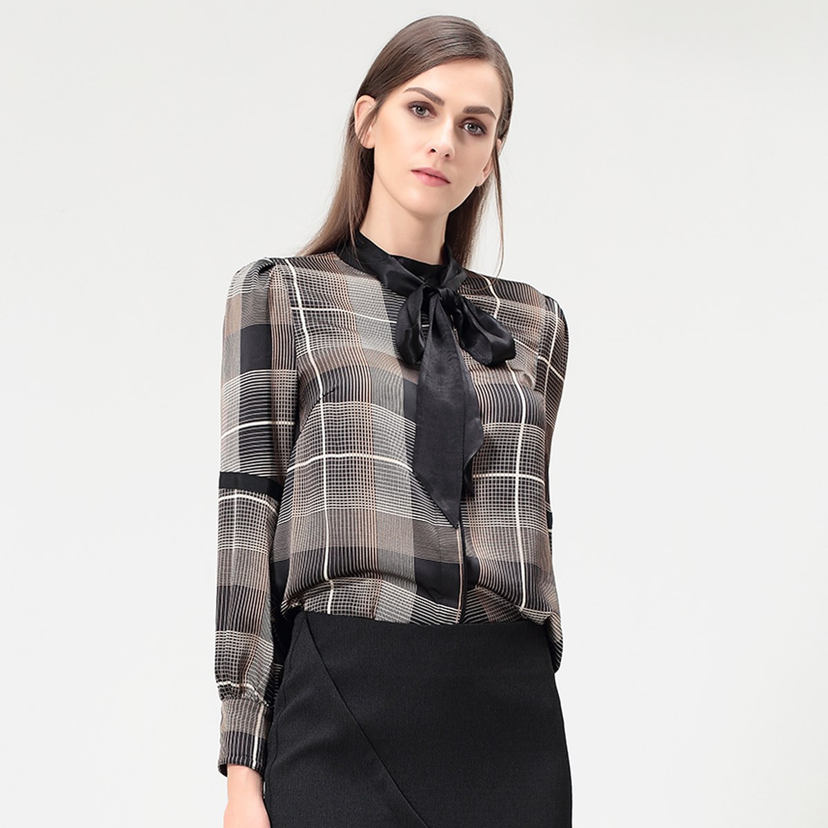 Smart & Joy Tartanskjorta med Ascot-slips dam – bild 2
