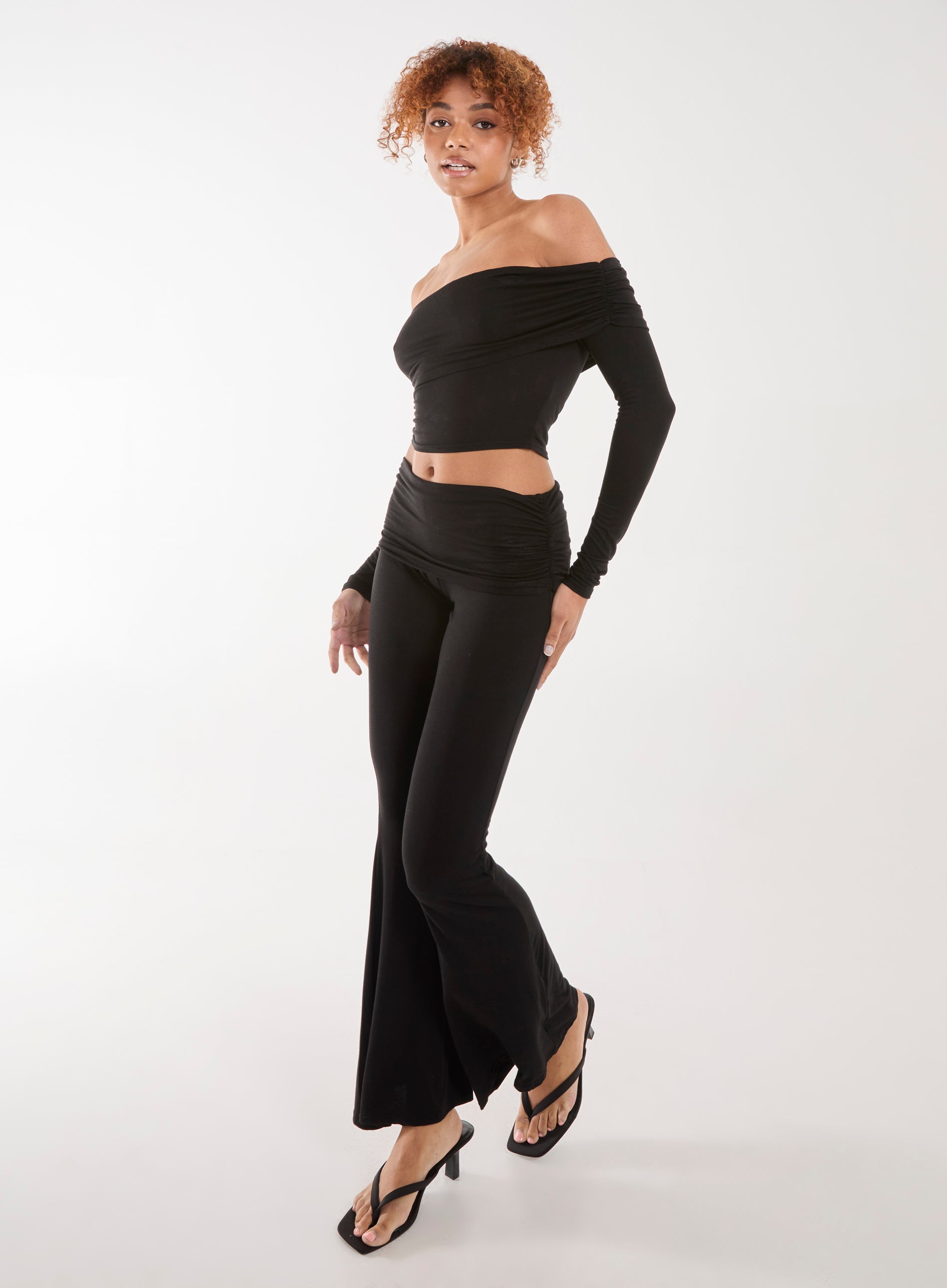 Pink Vanilla Womens Fold Over Waist Lounge Flares - Black - Size Medium