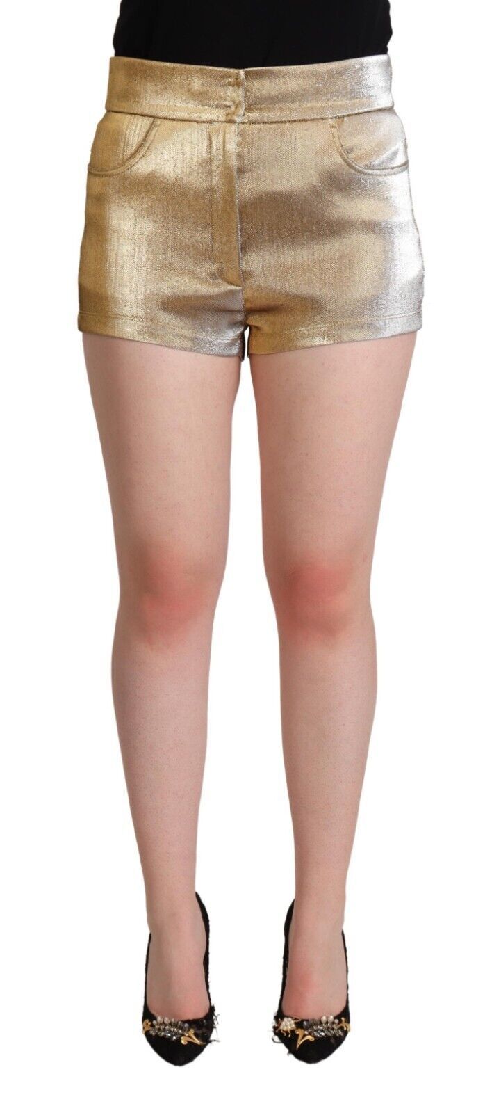 Thumbnail - Dolce & Gabbana Metallic Gold Baumwoll-Mid-Waist Hot Pants Damen Shorts