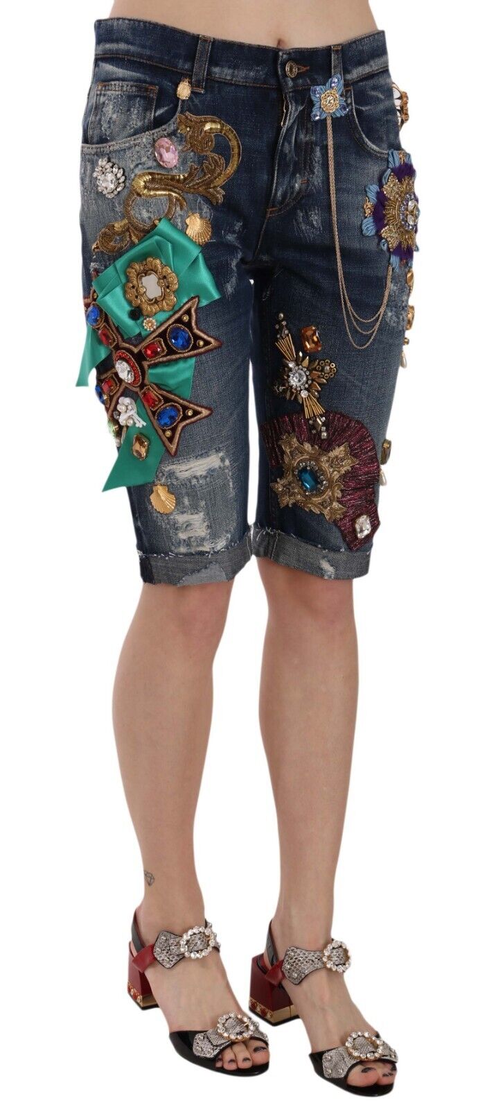 Dolce&Gabbana Kvinnors Blå Denim Midjehöga Kristall Capri Shorts dam – bild 2
