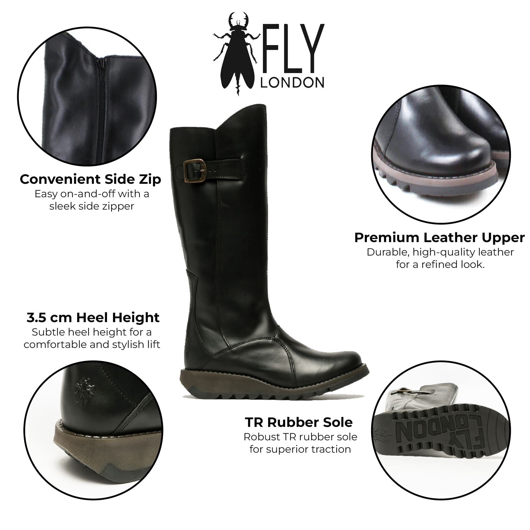 Fly London Womens Black MOL 2 Leather Wedge Heel Knee High Zip Up Boots kängor dam – bild 2