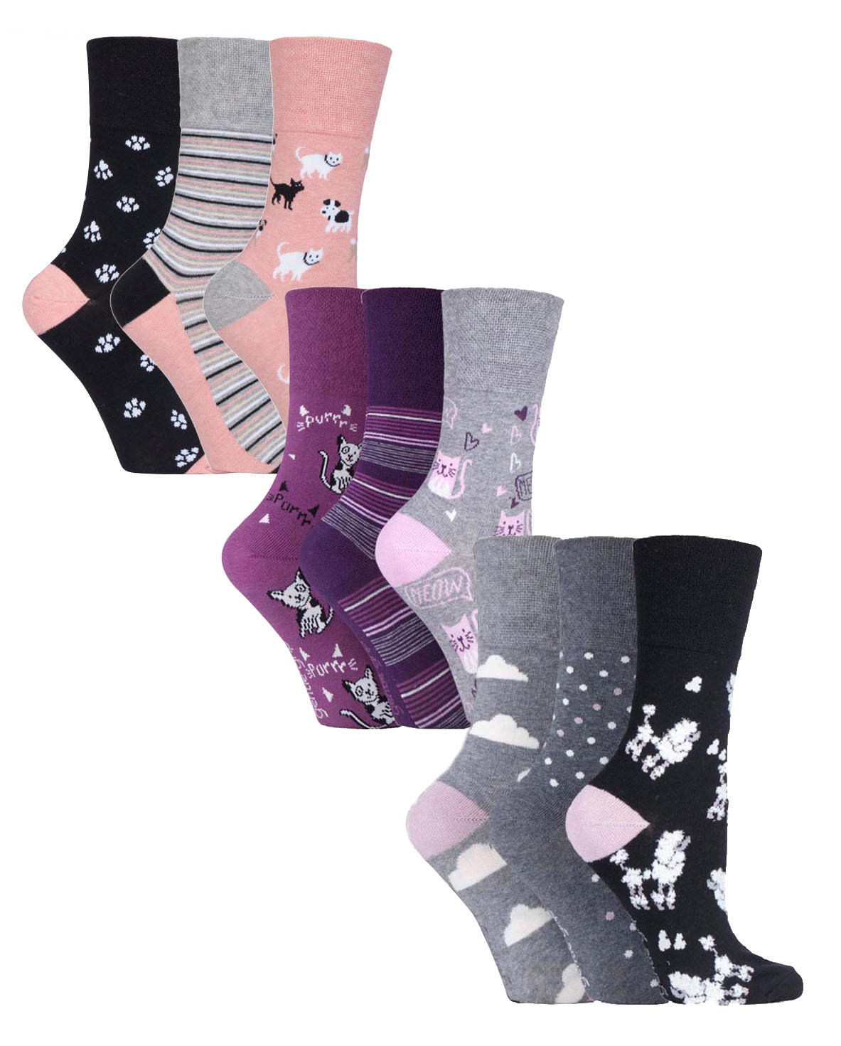 Thumbnail - 9 Paar Multipack Ladies Cotton Crew Non Elastic Socks | Gentle Grip | Womens Soft Top Striped Patterned Non Binding Sock...