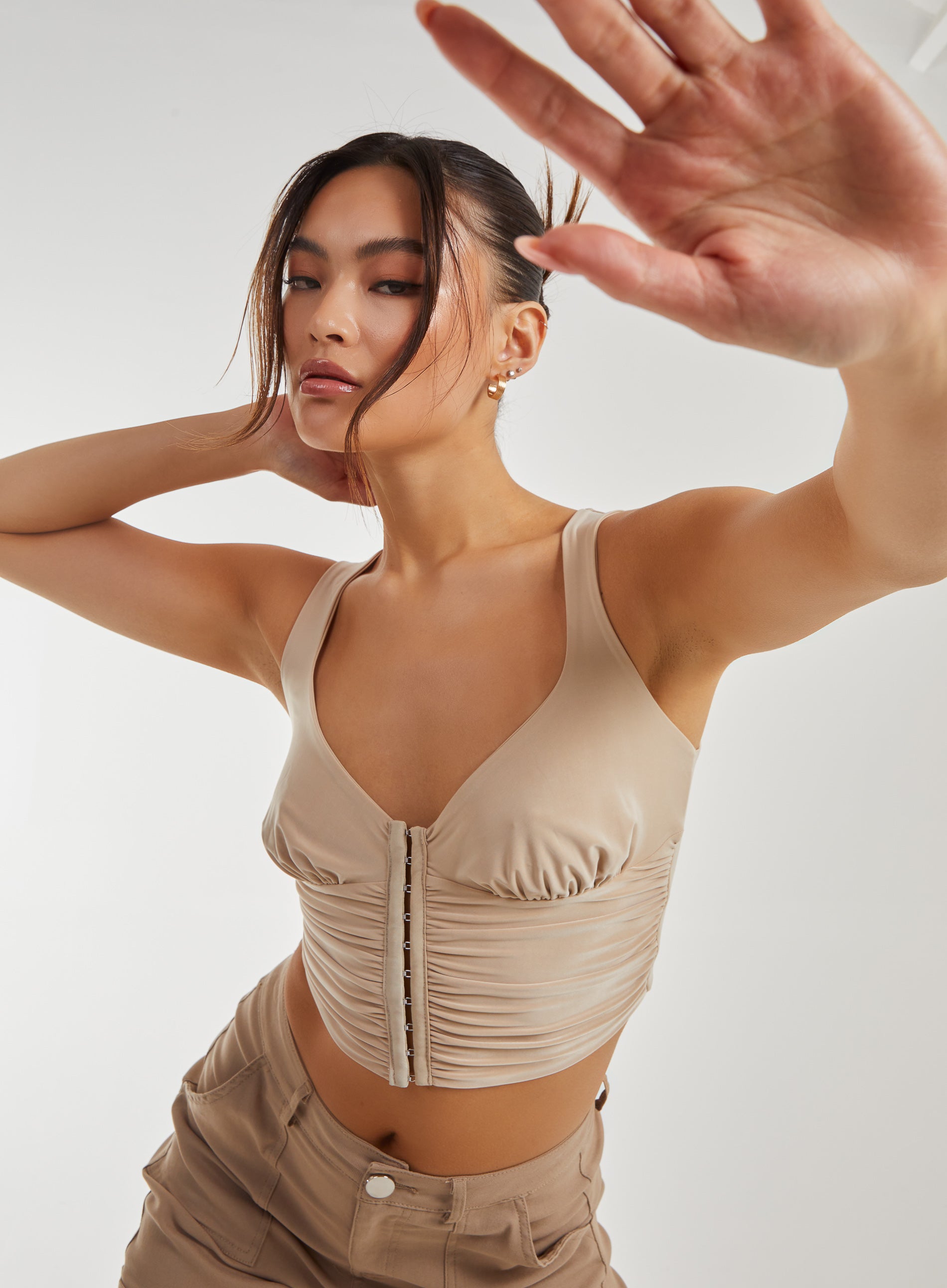 Pink Vanilla Womens Eyelet Detail Corset Crop Top - Stone - Size Large