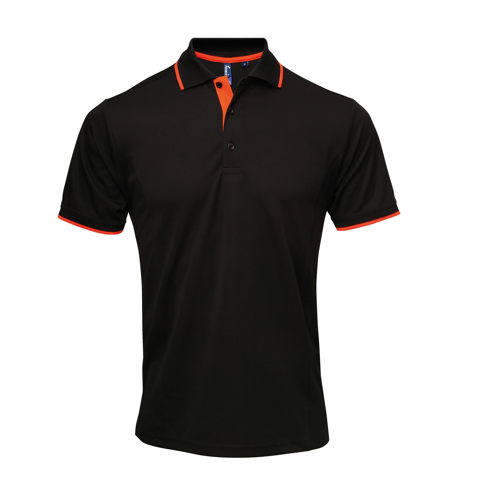 Thumbnail - Premier Mens Contrast Coolchecker Polo Shirt (Schwarz/Orange)