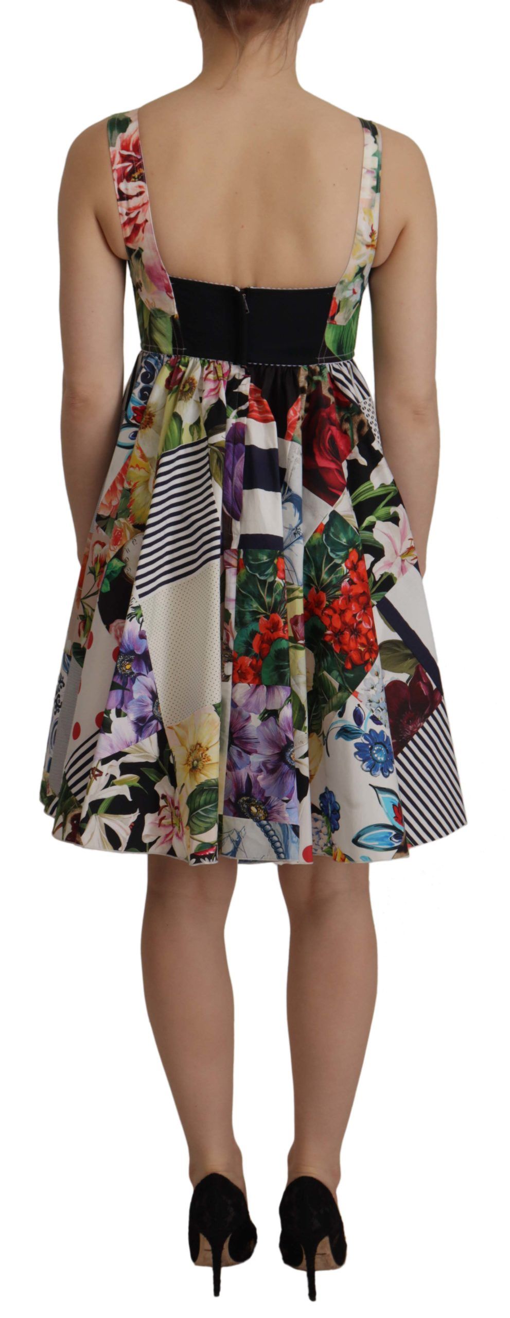 Patchwork Poplin Blommig A-Linjekjol Mini Flared Klänning för Kvinnor 2