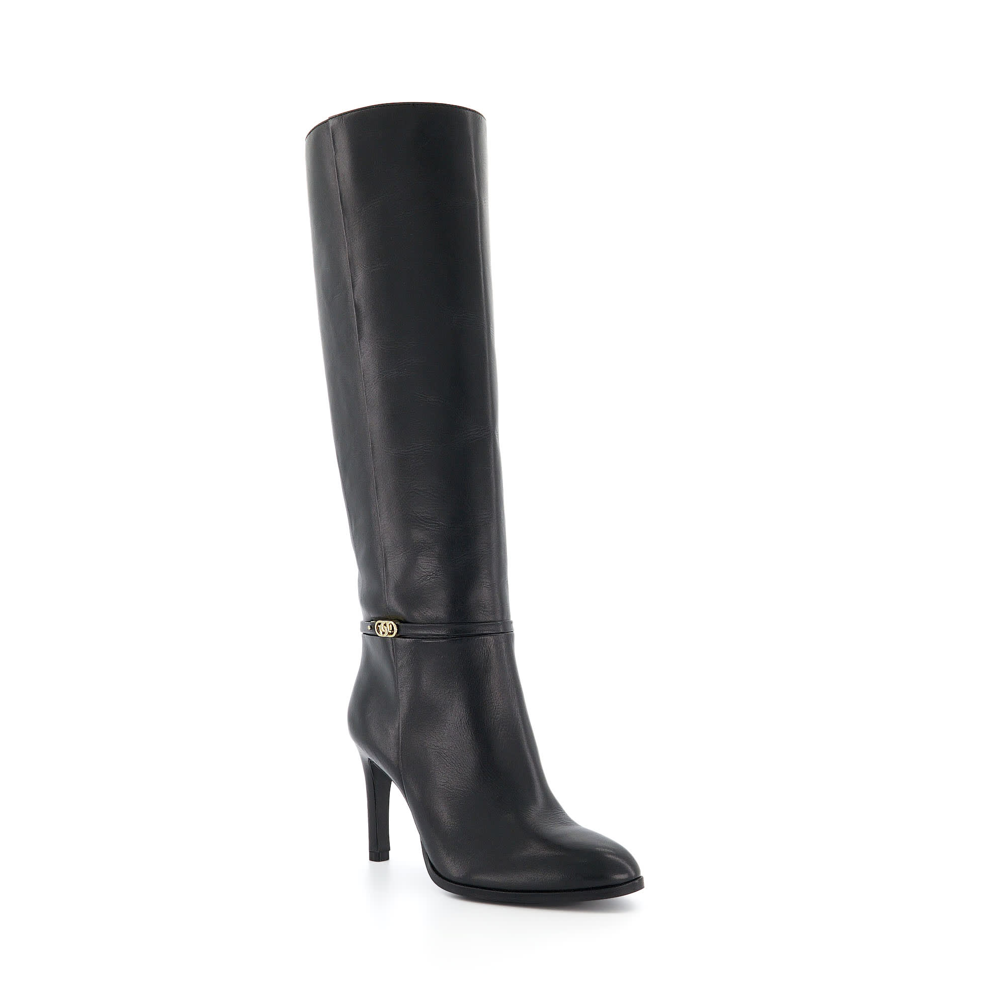 Dune London Womens Ladies Symbolic – Branded-Strap Heeled Knee-High Boots – Black Leather (archived) – Size UK 3