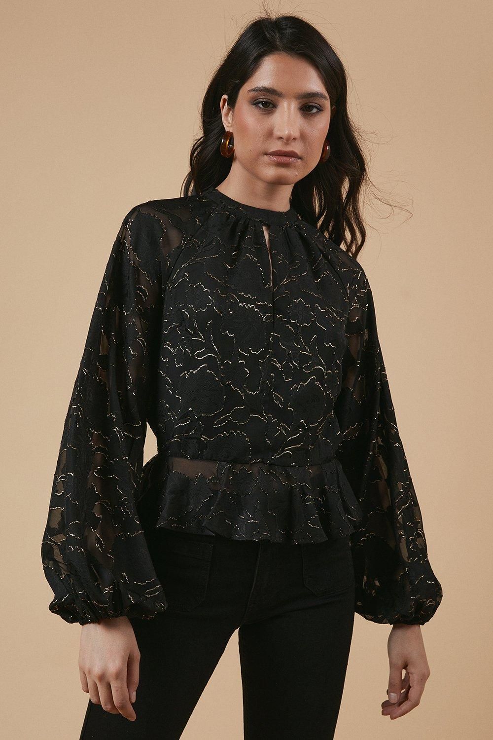 Oasis Womens Chiffon Metallic Jacquard Keyhole Blouse - Black - Size 10 UK