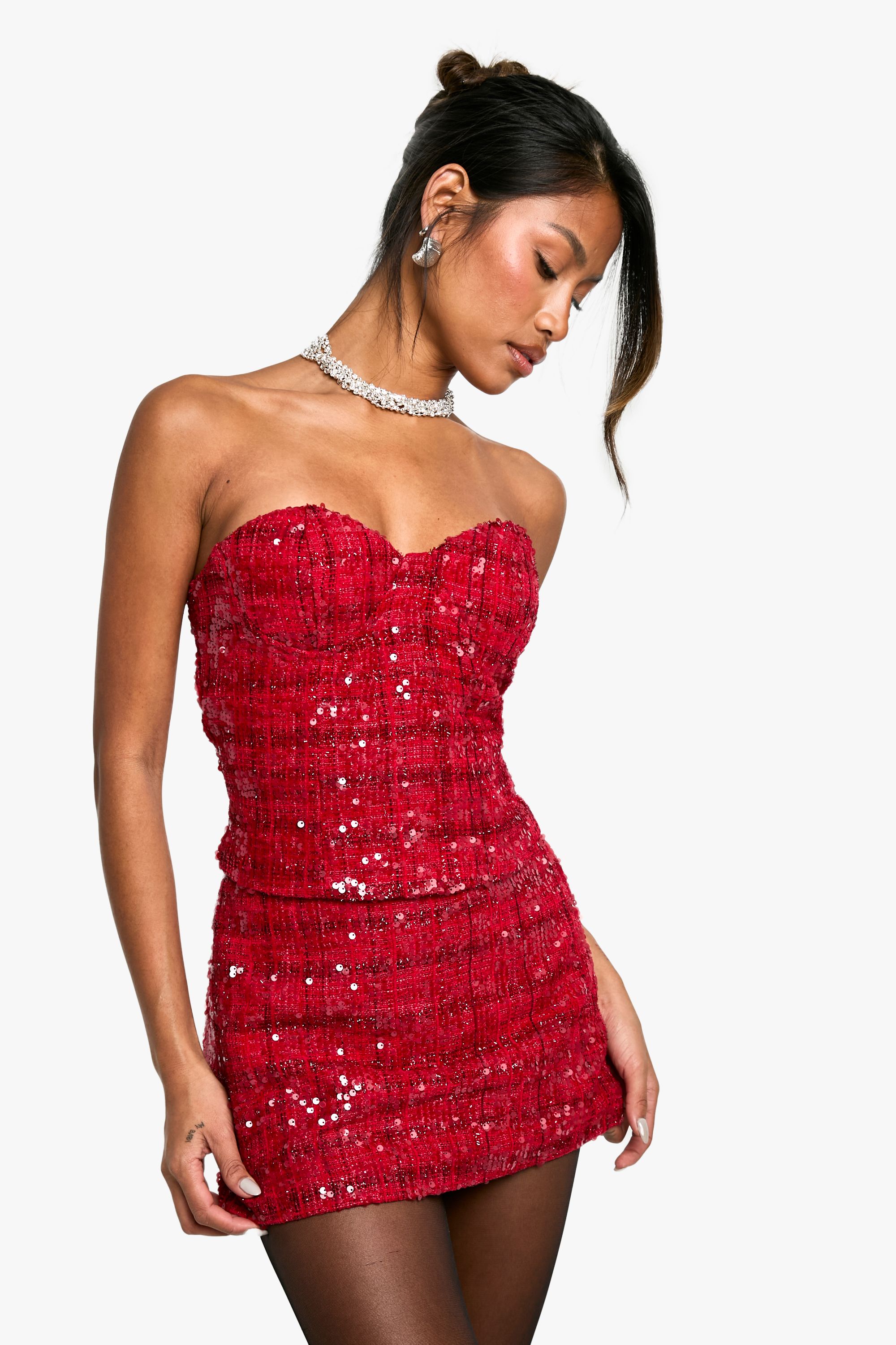 Boohoo Womens Premium Sequin Boucle Corset - Red - Size 12 UK