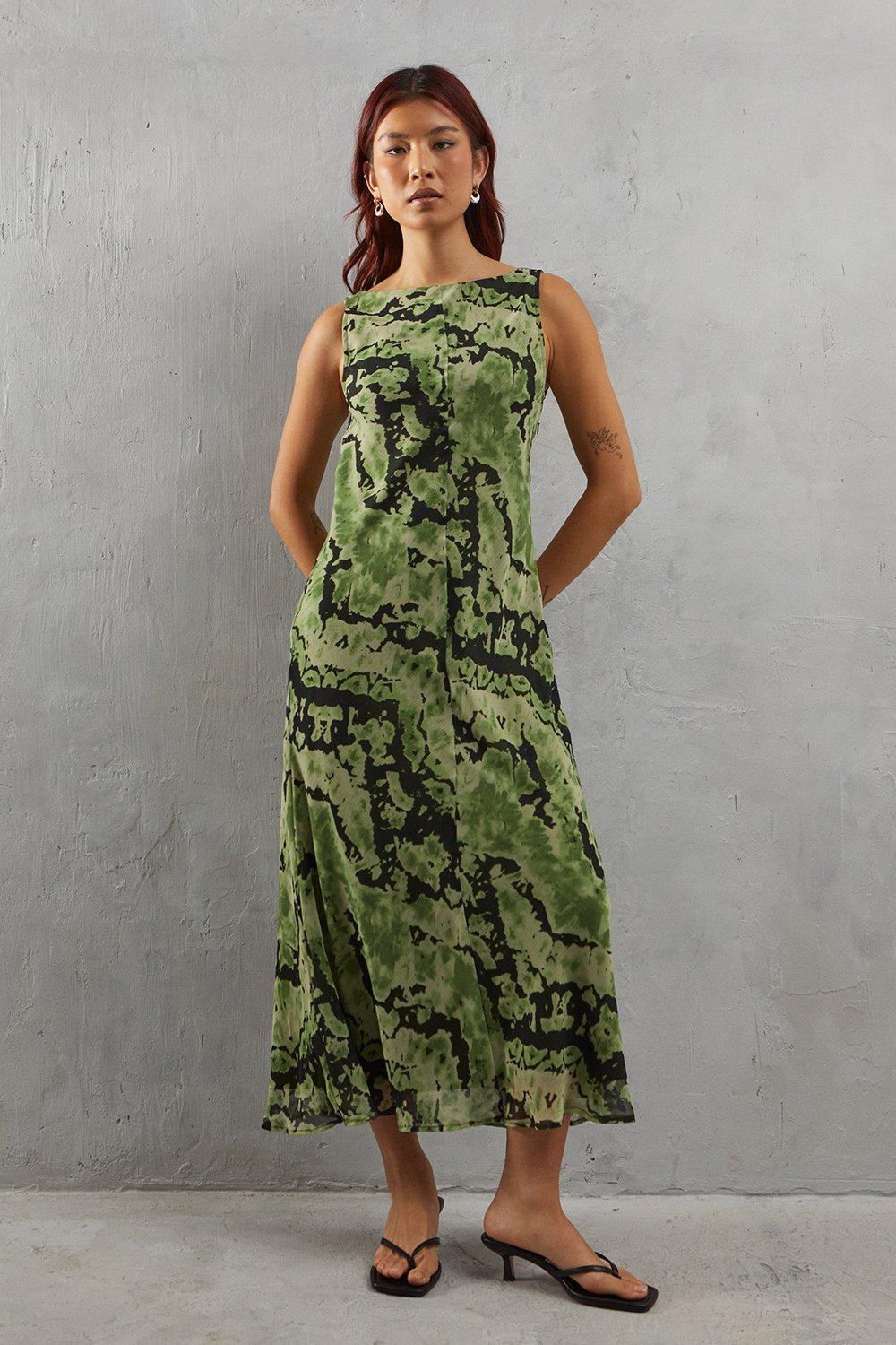 Warehouse Womens Abstract Chiffon Slash Neck Bias Sleeveless Midi Dress - Green - Size 8 UK
