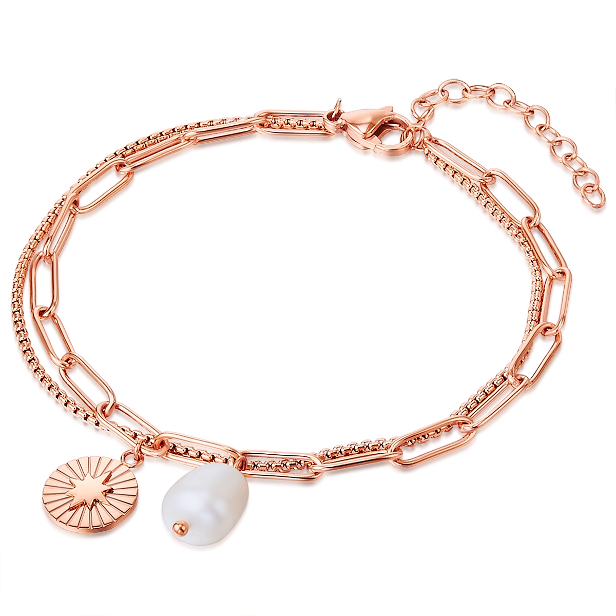 Valero Pearls Womens Bracelet Stainless Steel Rose Gold Freshwater Cultured Pearl White - Size 20 Cm