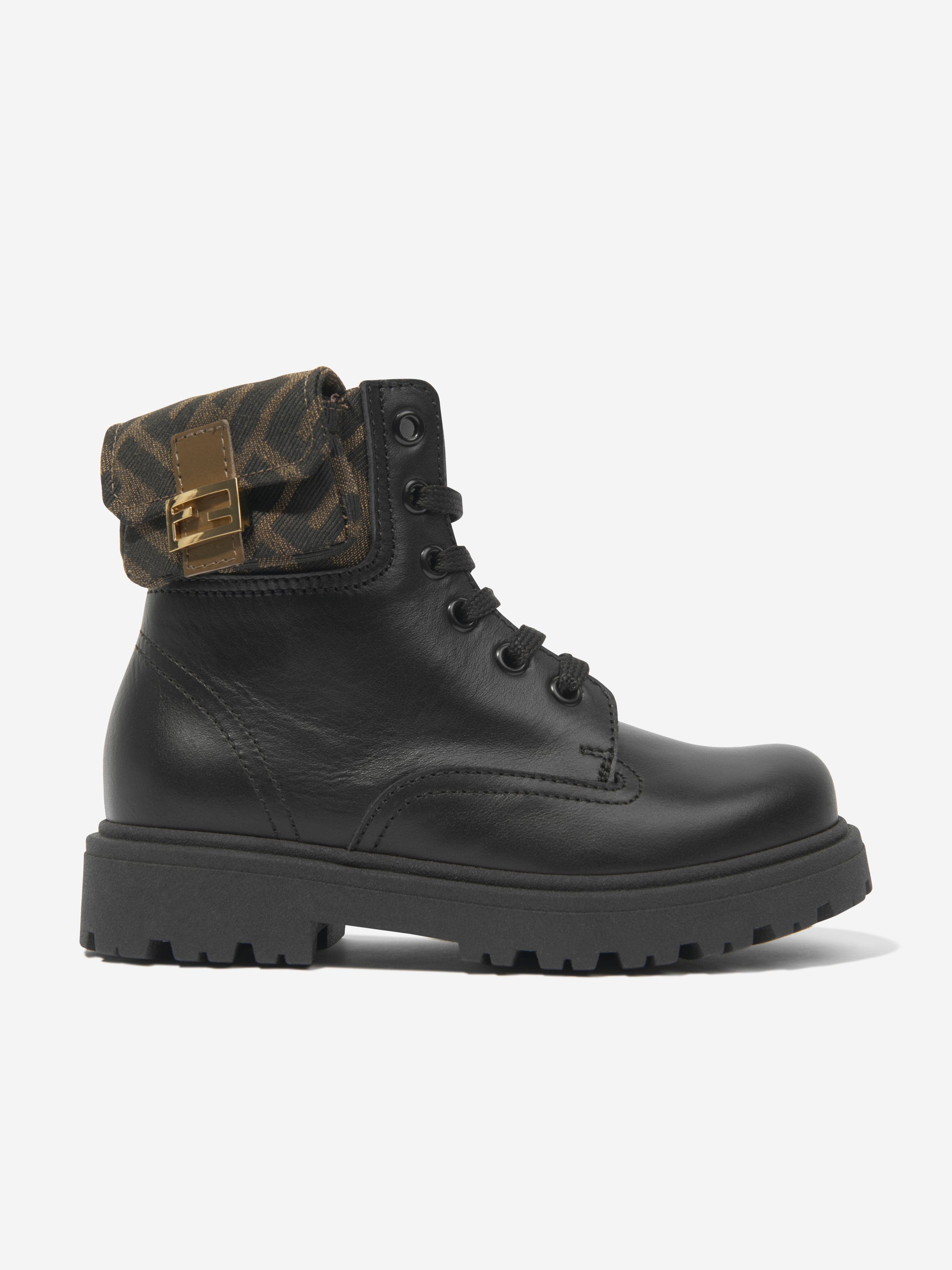 Fendi Kids Unisex Leather Baguette Biker Boots in Black – Size UK 1