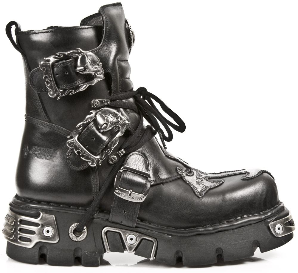 New Rock Silver Cross Biker Boots i svart läder-407-S1 kängor dam – bild 2