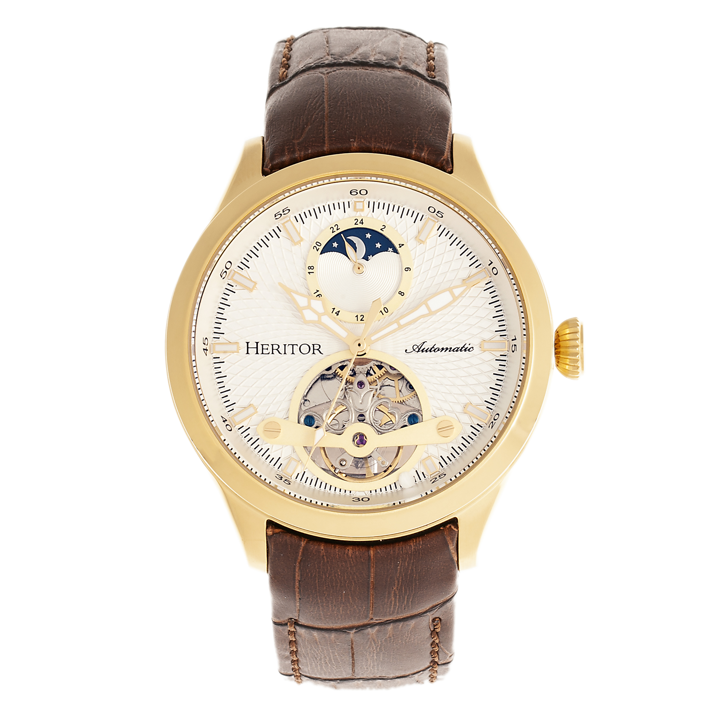 Heritor Automatic Mannelijk Bruin Heritor Automatische Gregory Semi-Skelet Leather-Band Horloge