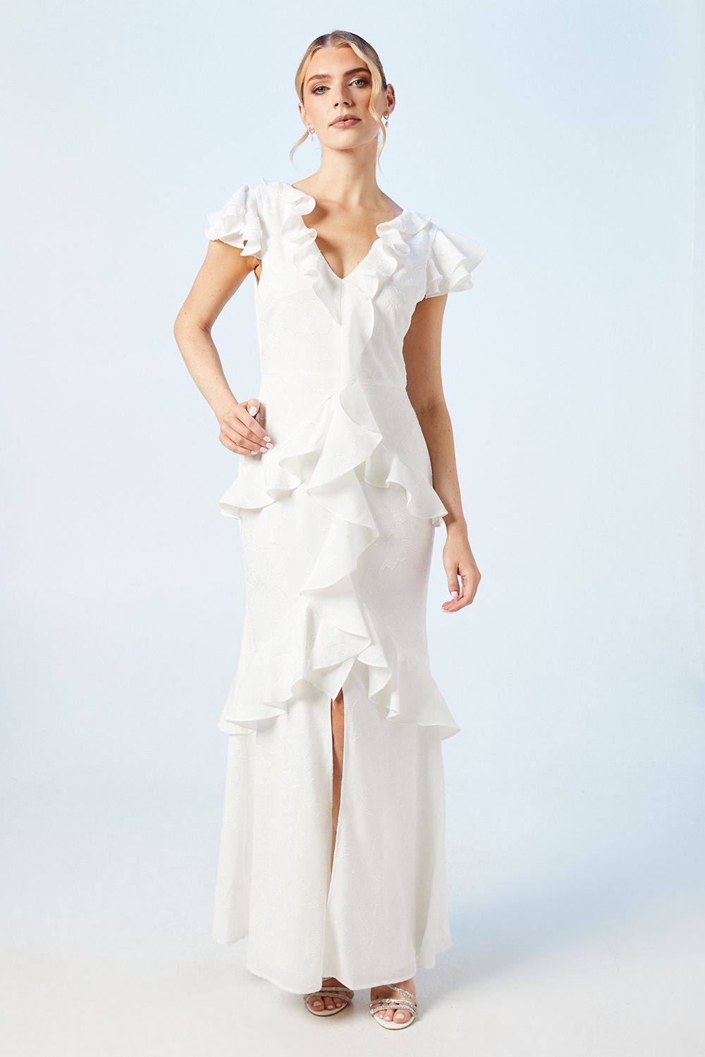 Oasis Womens V Neck Ruffle Floral Chiffon Wedding Dress - White - Size 8 UK