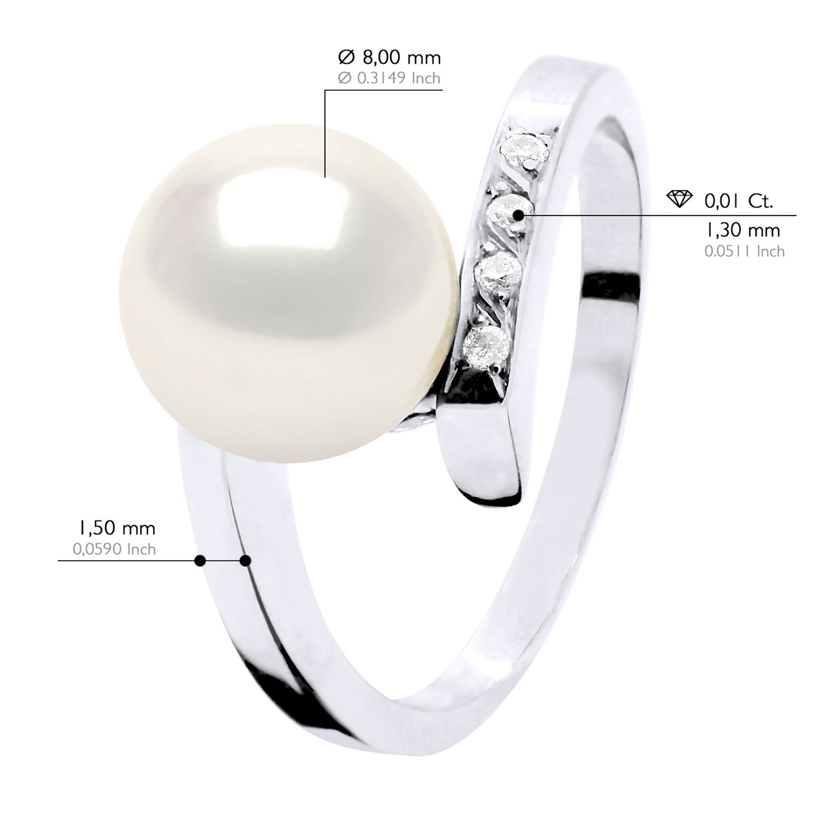 Ateliers Saint Germain Ringsmycke Diamant 0,04 Cts Kvalitet Hsi vitguld Äkta odlad sötvattenspärla rund 8-9 mm ringar dam – bild 2