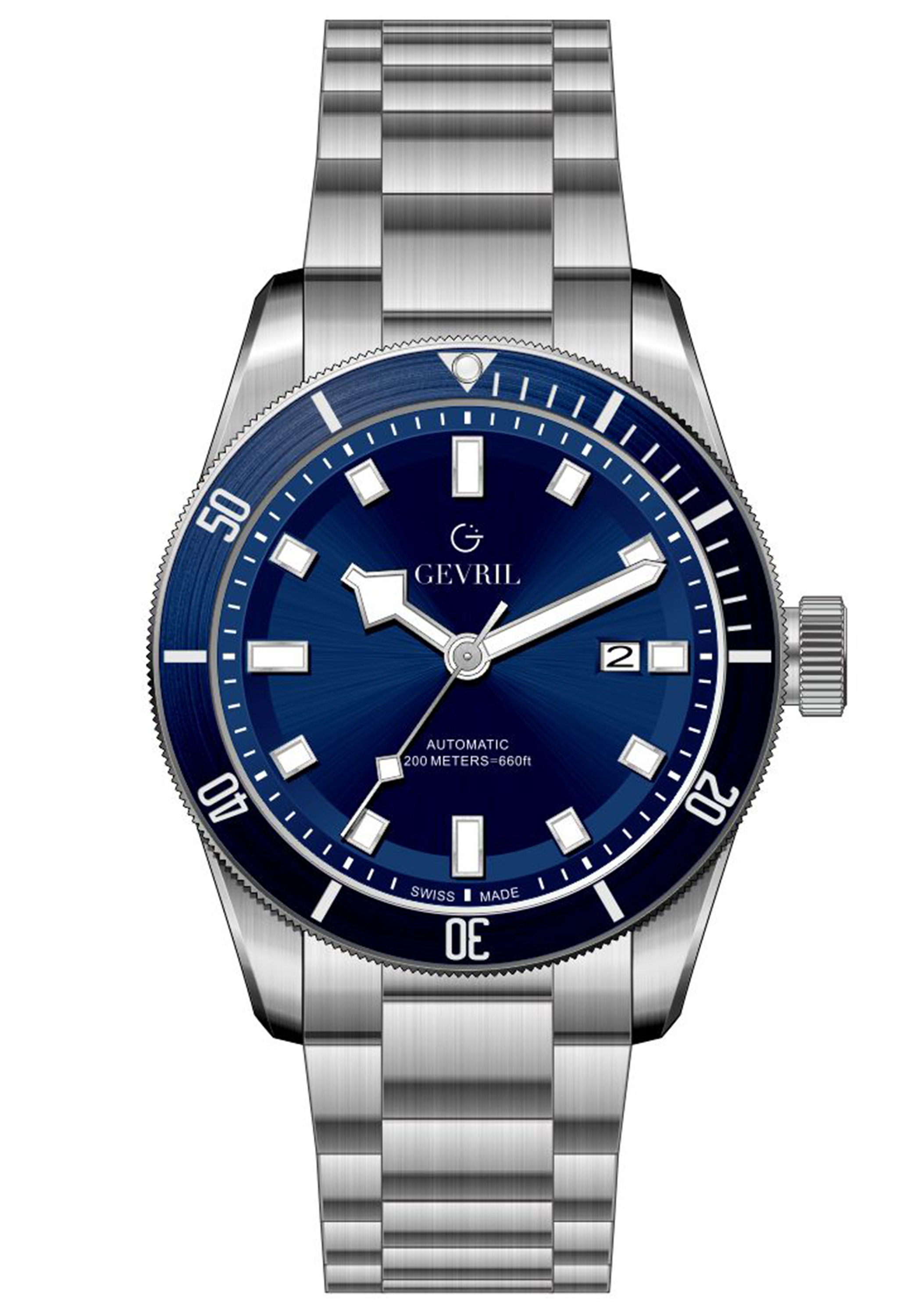 Gevril Mens Yorkville Swiss Automatic Sellita SW200 Blue Dial Stainless Steel Watch – Silver – One Size