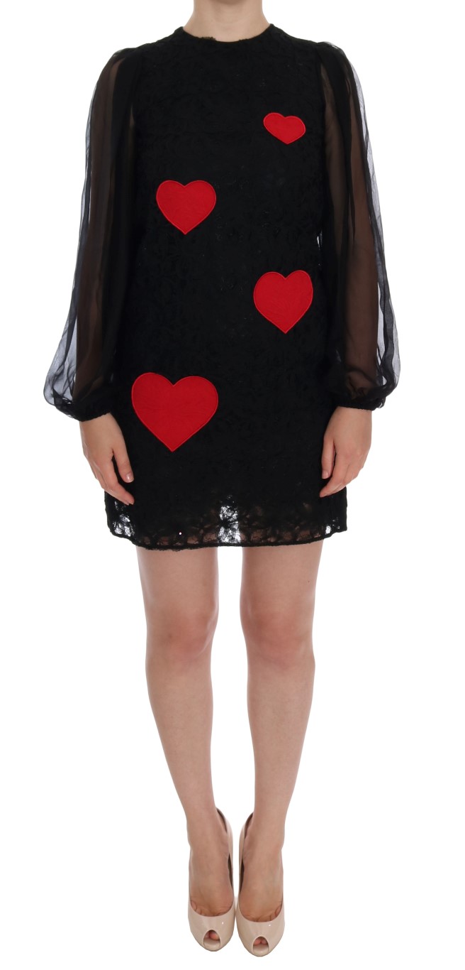 Dolce & Gabbana Womens Black Lace Red Heart Shift Dress – Multicolour Nylon – Size X-Small