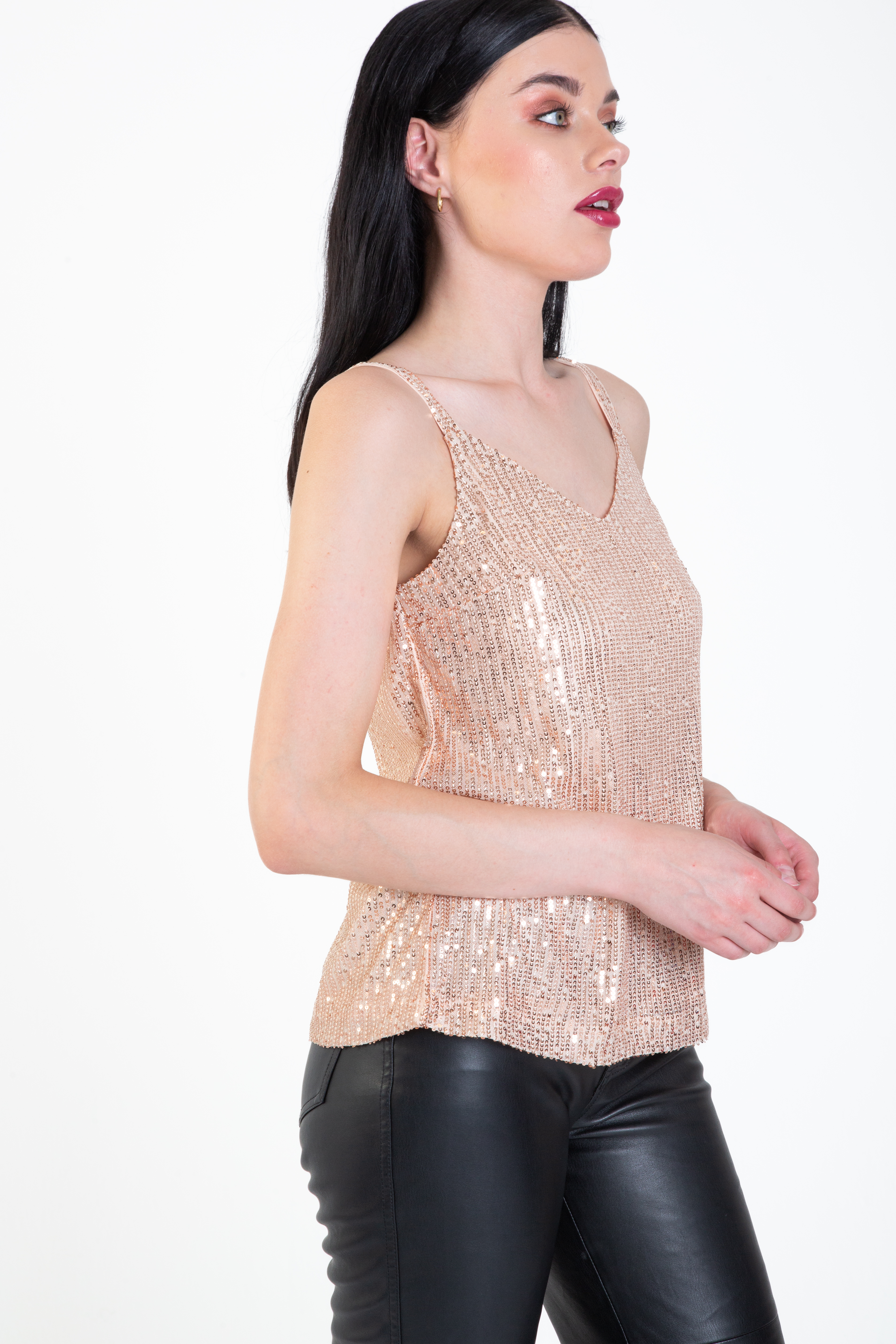 Gini London Sequin V Neck Cami Top linnen dam – bild 2