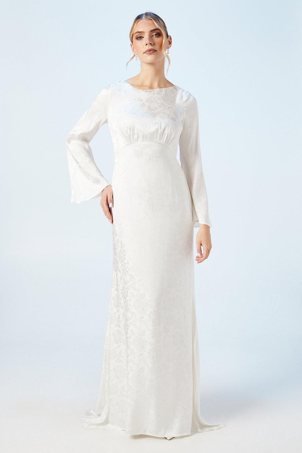 Oasis Womens Peony Satin Jacquard Flare Sleeve Wedding Dress - Ecru - Size 12 UK