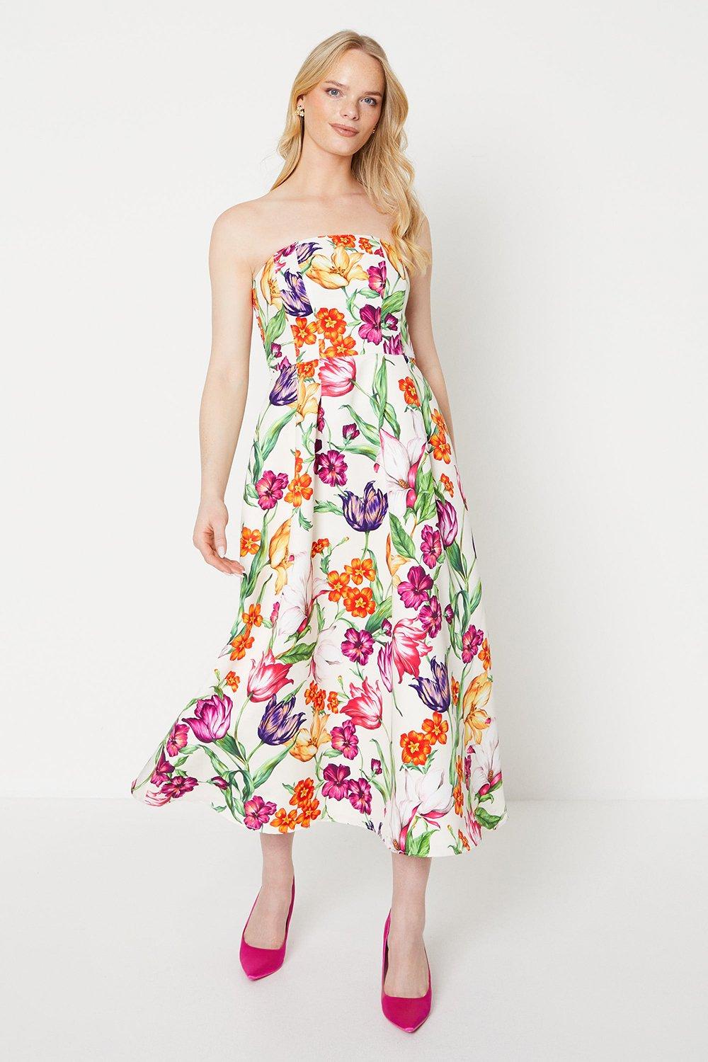 Oasis Womens Floral Bandeau Ottoman Midi Dress - Multicolour - Size 14 UK