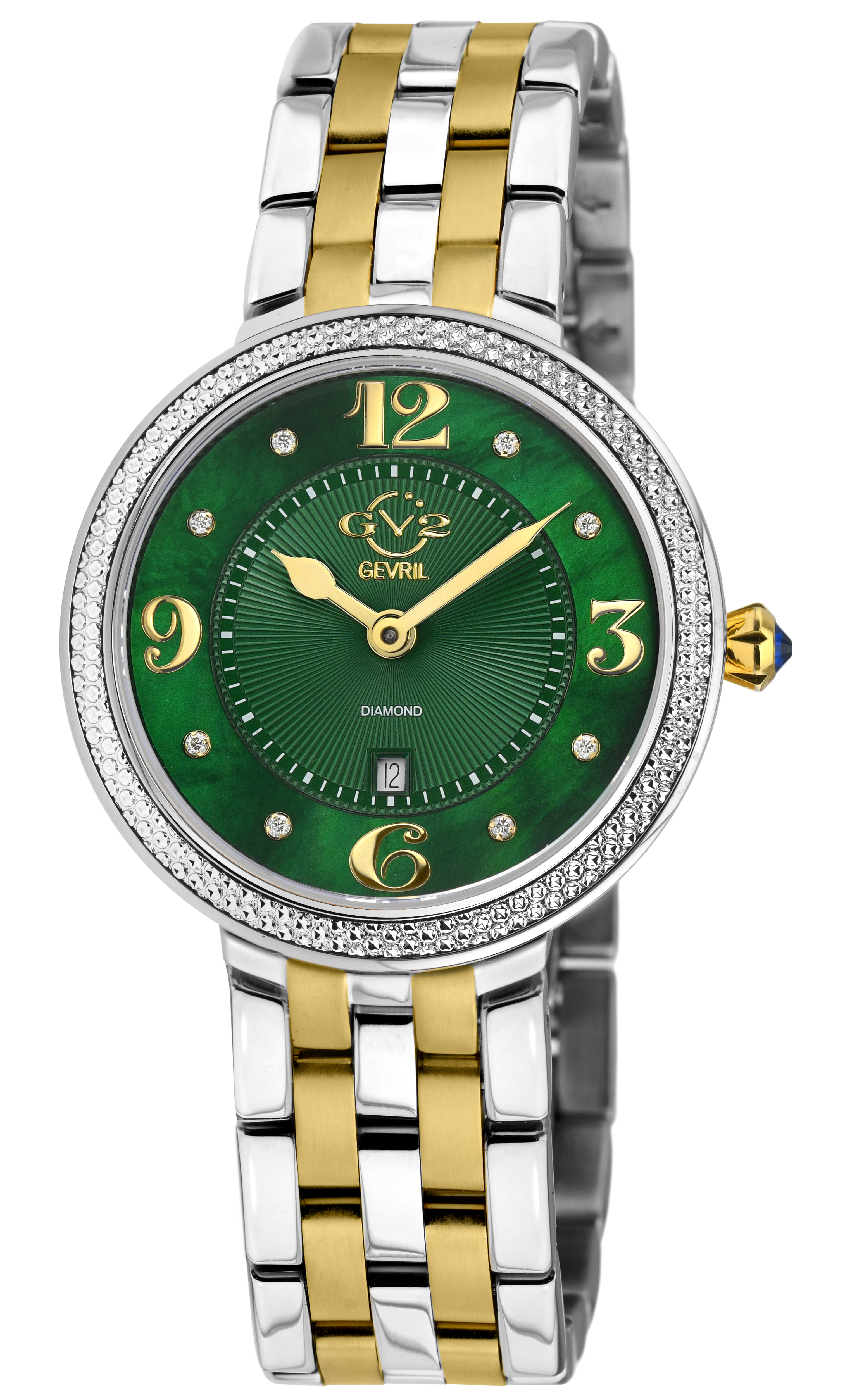 Gv2 Womens Verona 316L Stainless Steel Case, Green MOP Dial, Two toned IPYG Bracelet. – Silver – One Size