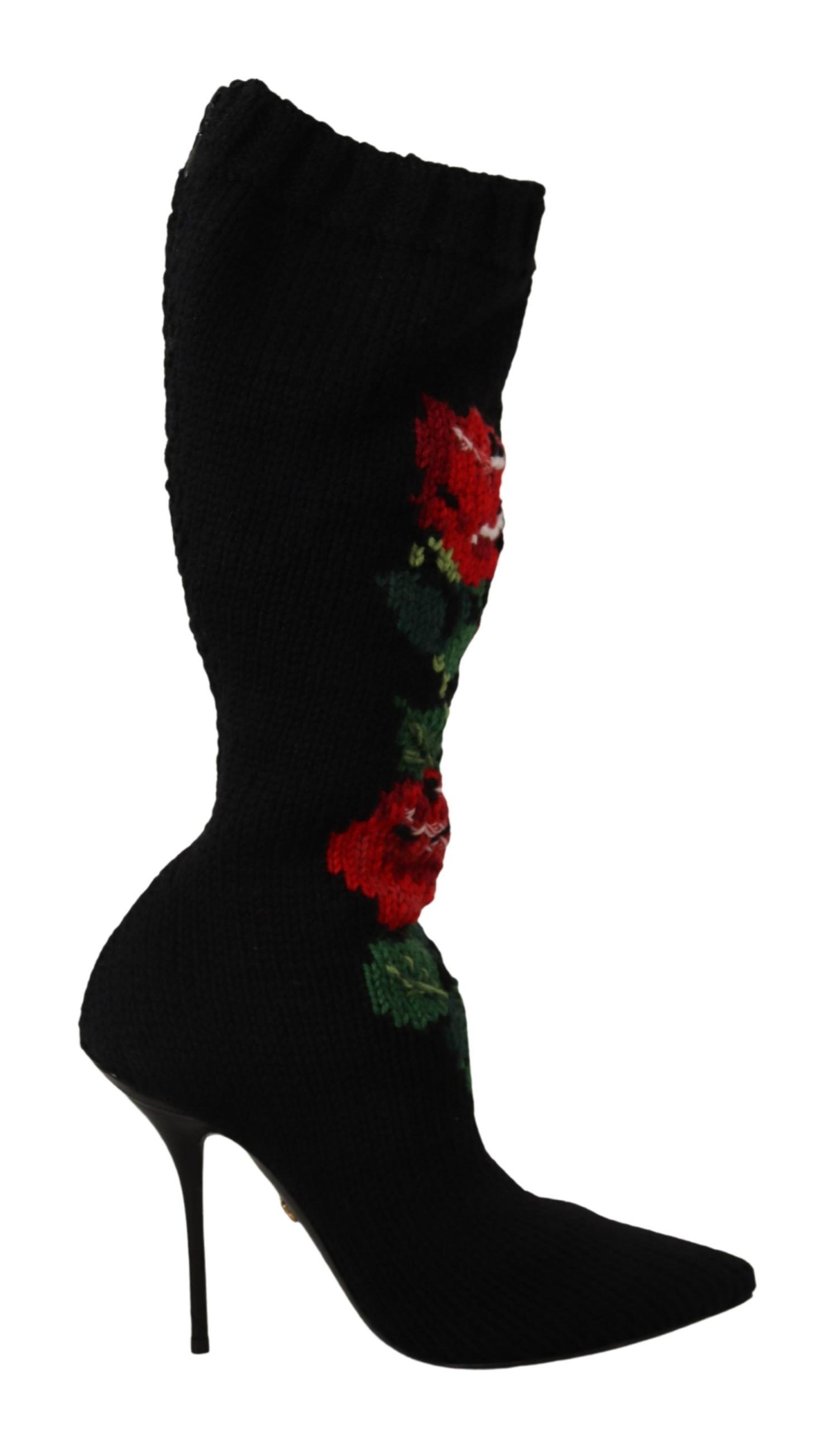 Thumbnail - Dolce & Gabbana Schwarze Stretch-Socken Rote Rosen Stiefeletten Damenschuhe