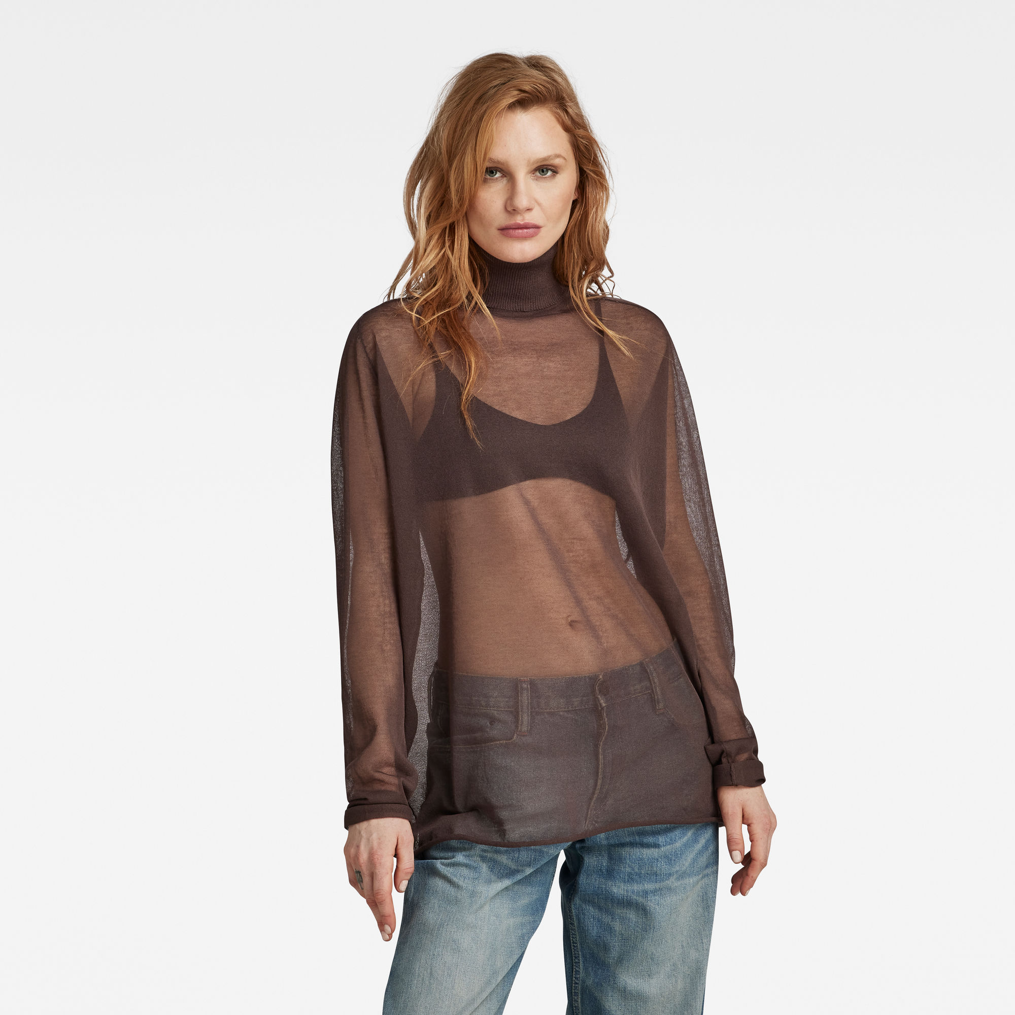 G Star Raw Womens G-Star RAW Sheer Loose Turtle Knitted Sweater - Brown Viscose - Size X-Large