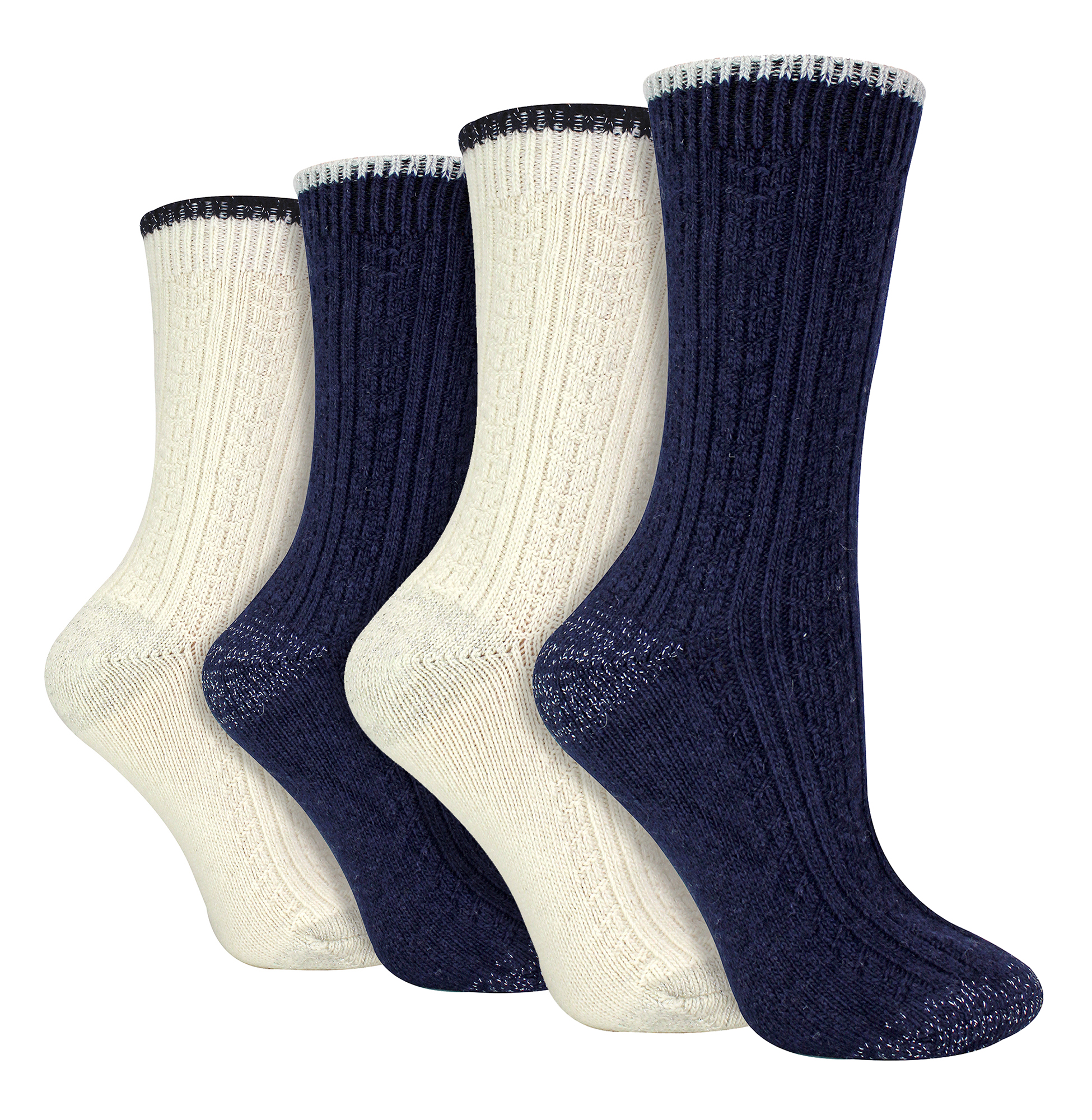 Thumbnail - 4er Pack Damen Kabelstrick Socken | Wildfeet | Lurex Glitzer Socken für Frauen - Blau/Creme