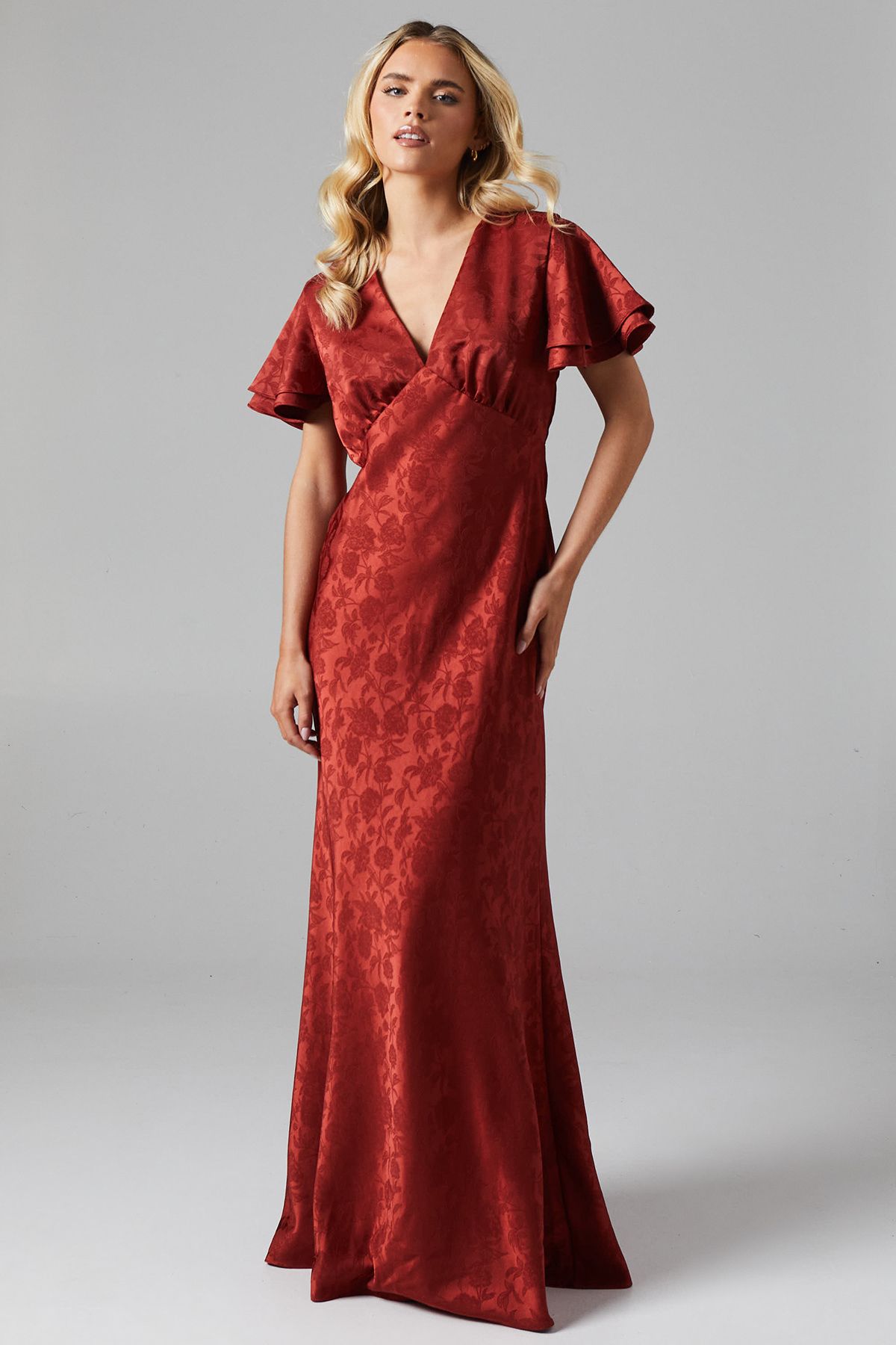 Oasis Womens Petite V Neck Angel Sleeve Satin Jacquard Bridesmaids Dress - Rust - Size 16 UK