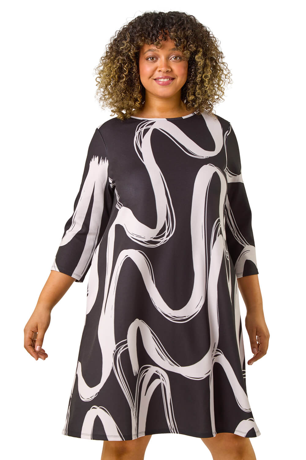 Roman Curve Womens Brush Print Stretch Swing Dress - Black - Size 18 UK