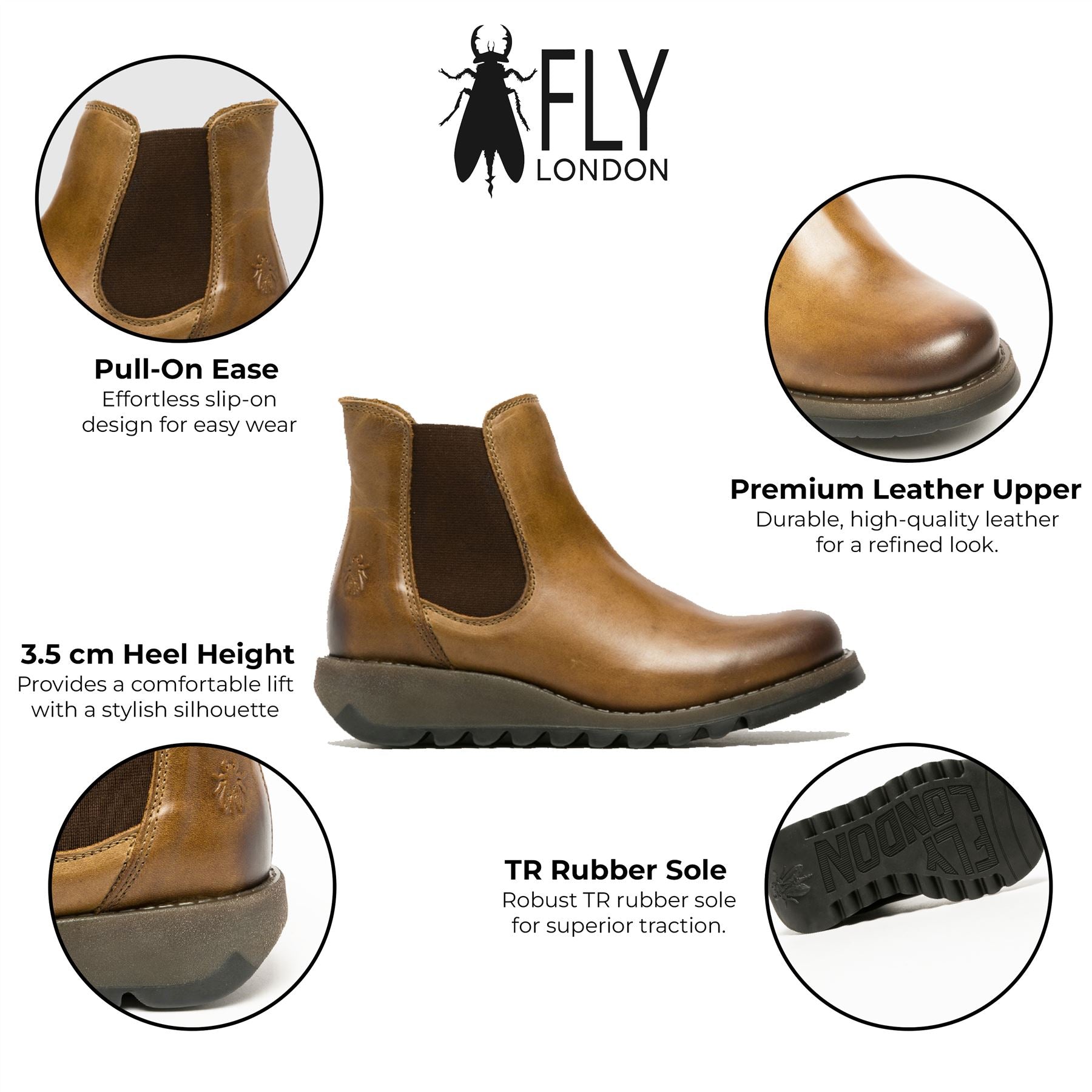 Fly London Womens Camel SALV Chelsea Leather Ankle Casual Wedge Heel Boots dam – bild 2