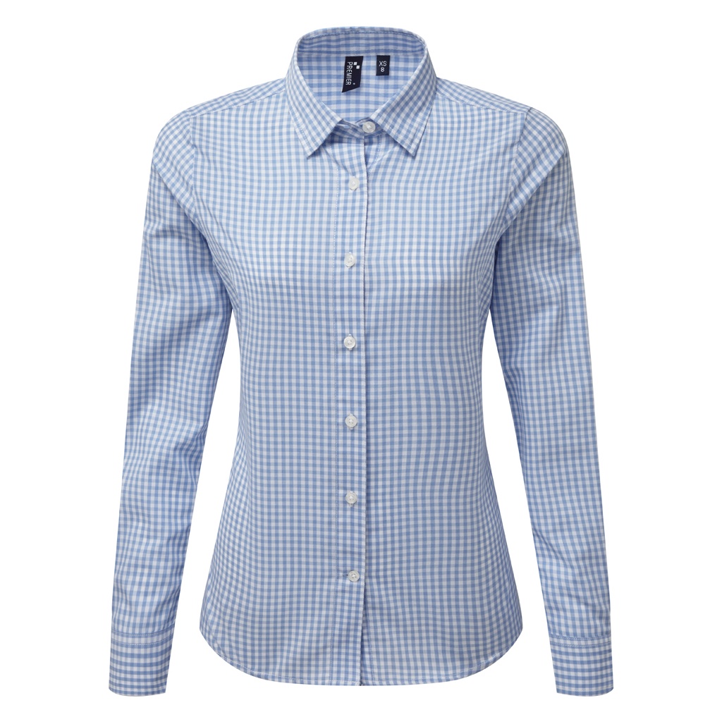 Thumbnail - Premier Womens/Ladies Maxton Check Langarmhemd (Hellblau/Weiß)