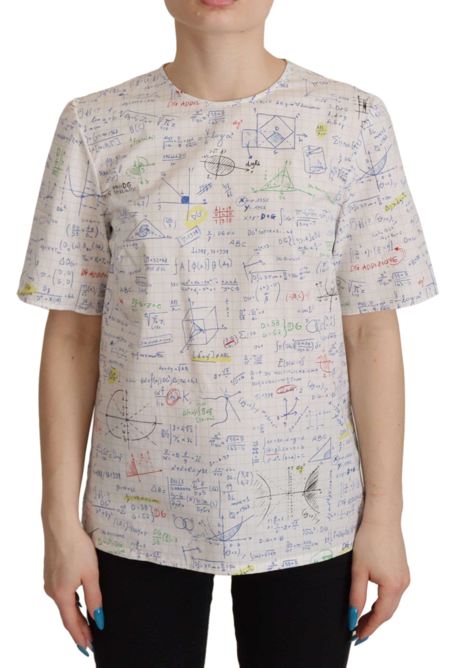 Thumbnail - Dolce & Gabbana Weißes Baumwoll-T-Shirt mit Algebra-Print für Damen mit kurzen Ärmeln