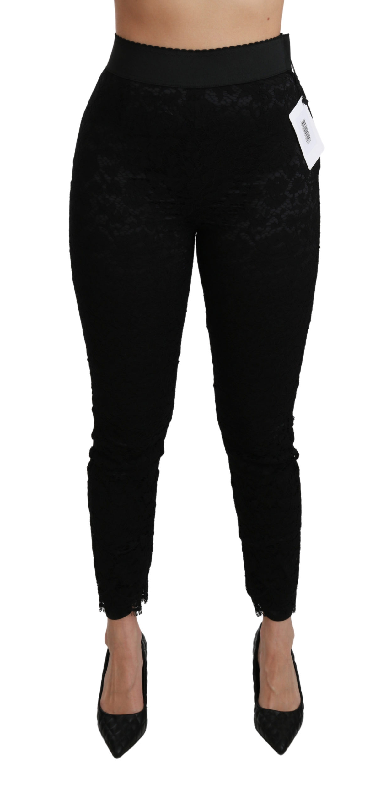 Dolce & Gabbana Pantalon skinny taille haute en coton avec dentelle noire pour femme