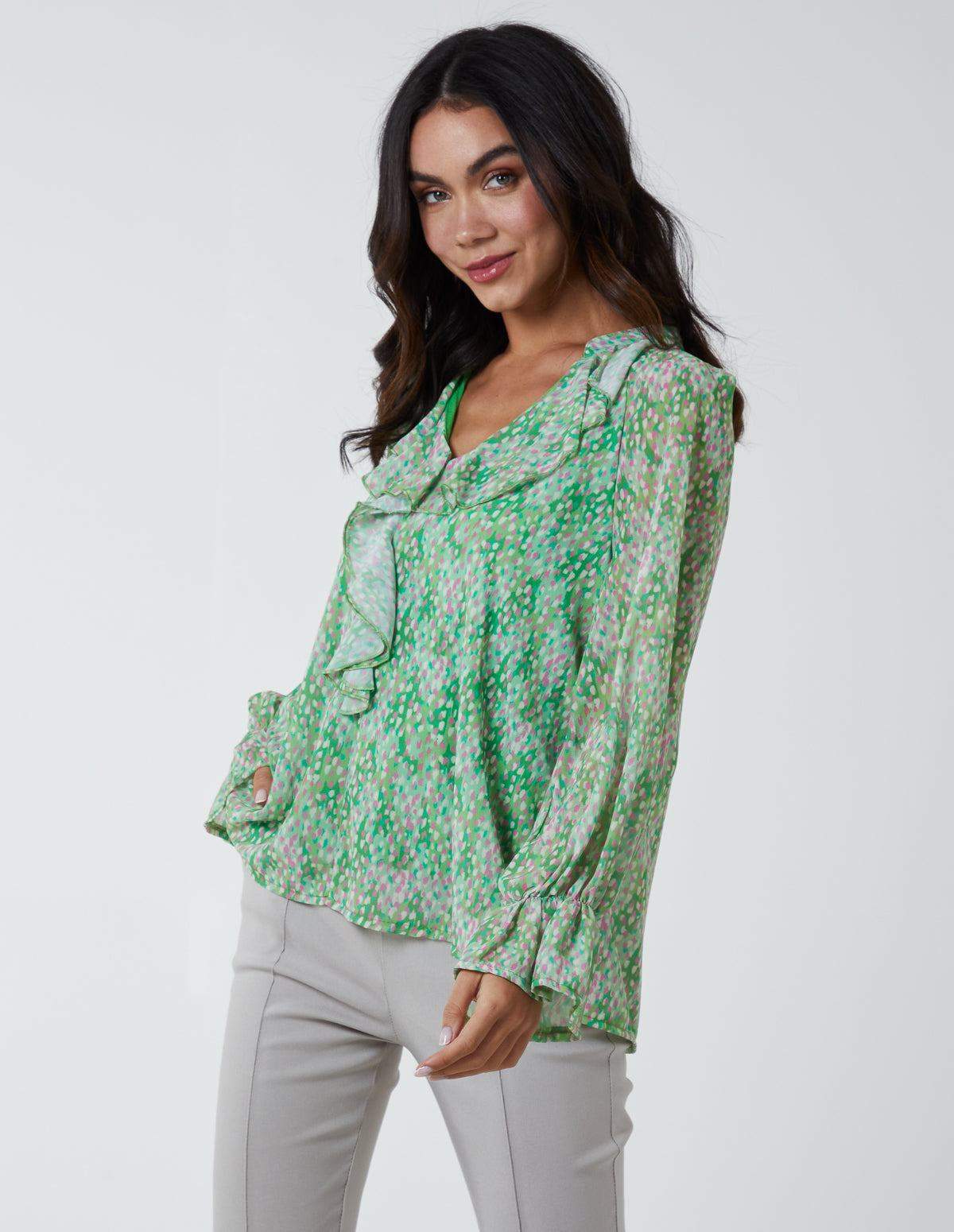 Blue Vanilla Womens Chiffon Frill Blouse - Green Viscose - Size Small/Medium