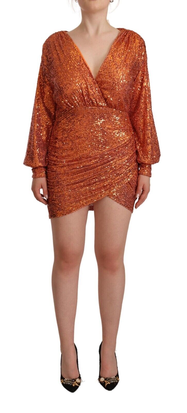 Aniye By Womens Orange Sequined Long Sleeves Mini Sheath Wrap Dress – Size 10 UK