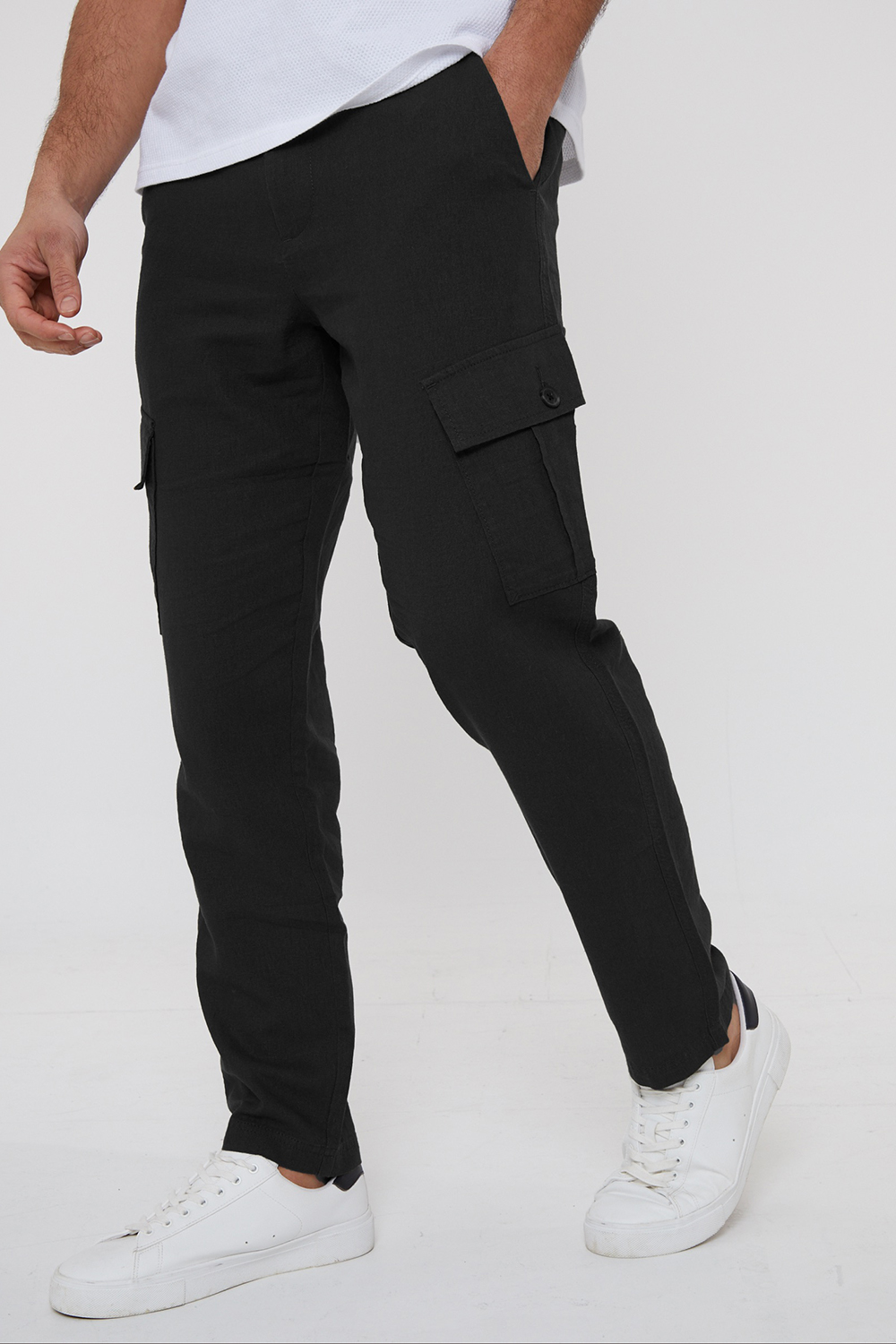 Threadbare Mens Black 'Ramsay' Linen Blend Cargo Trousers - Size 34W/32L