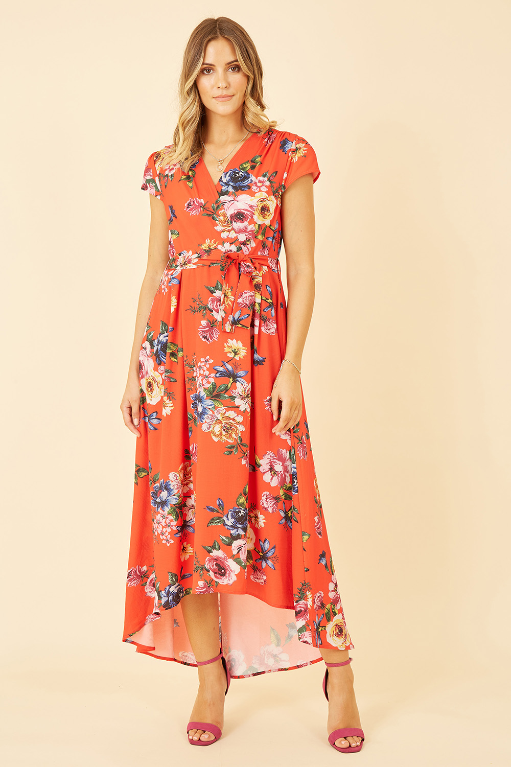 Mela London Womens Orange Floral Wrap Dip Hem Dress - Size 8 UK