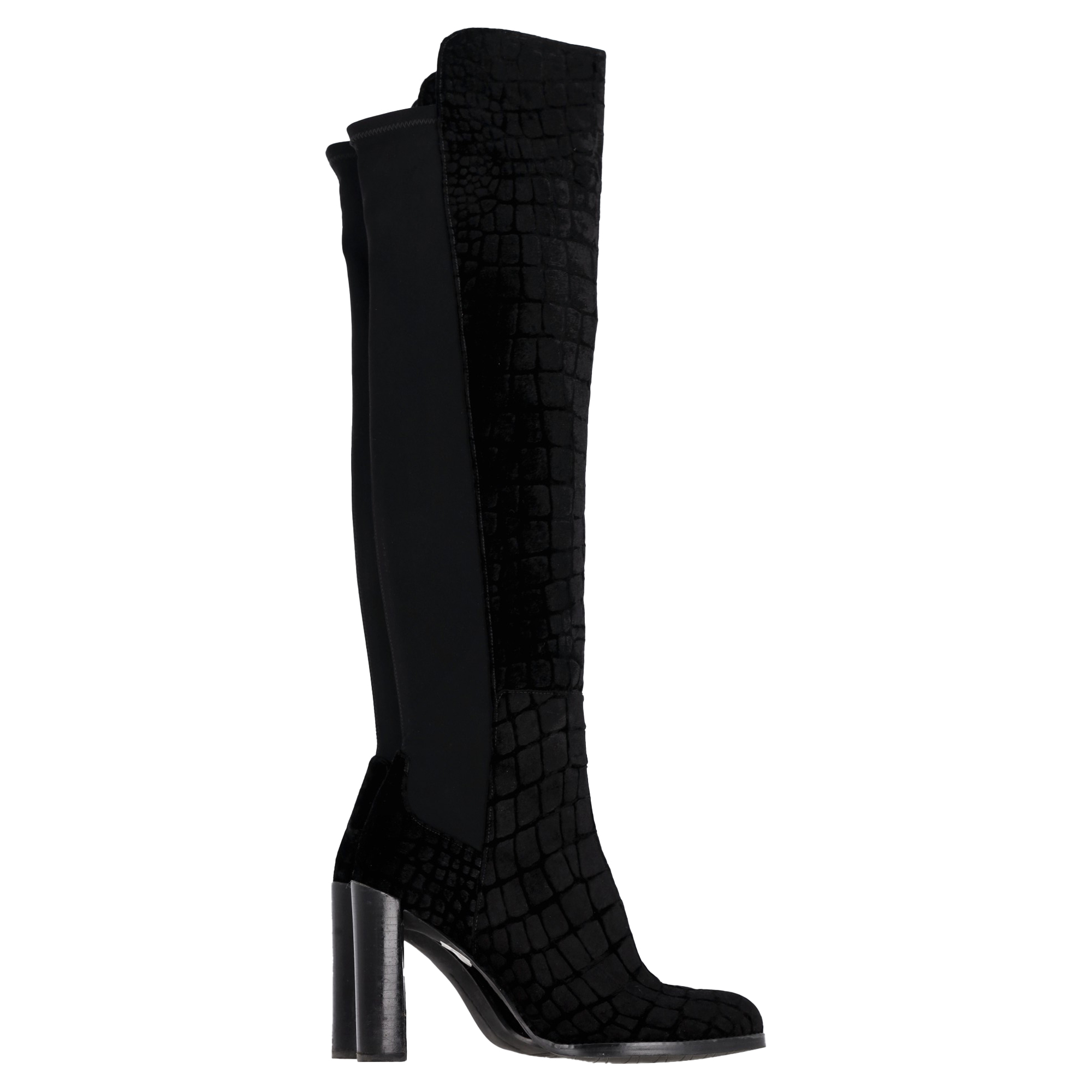 Stuart Weitzman Pre-owned Womens Crocodile-Embossed Knee-High Heeled Boots in Black Velvet – Size EU 41