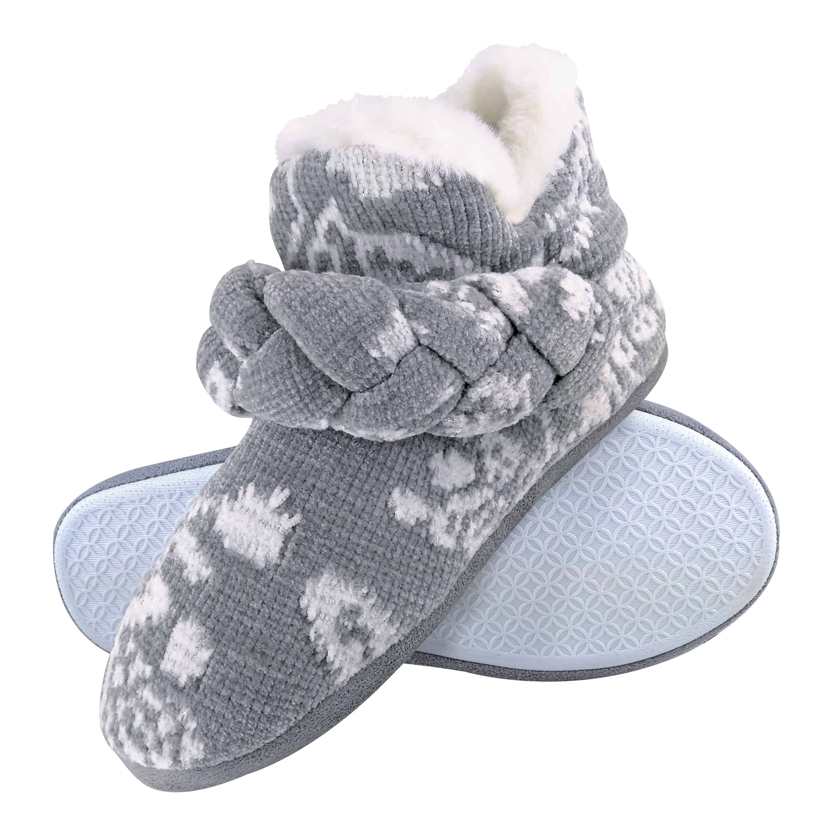 Dunlop Womens - Ladies Knitted Warm Fleece Plush Slippers Boots/Booties in Grey Fairisle and Pink Cord Styles - Size 8 (UK Shoe)
