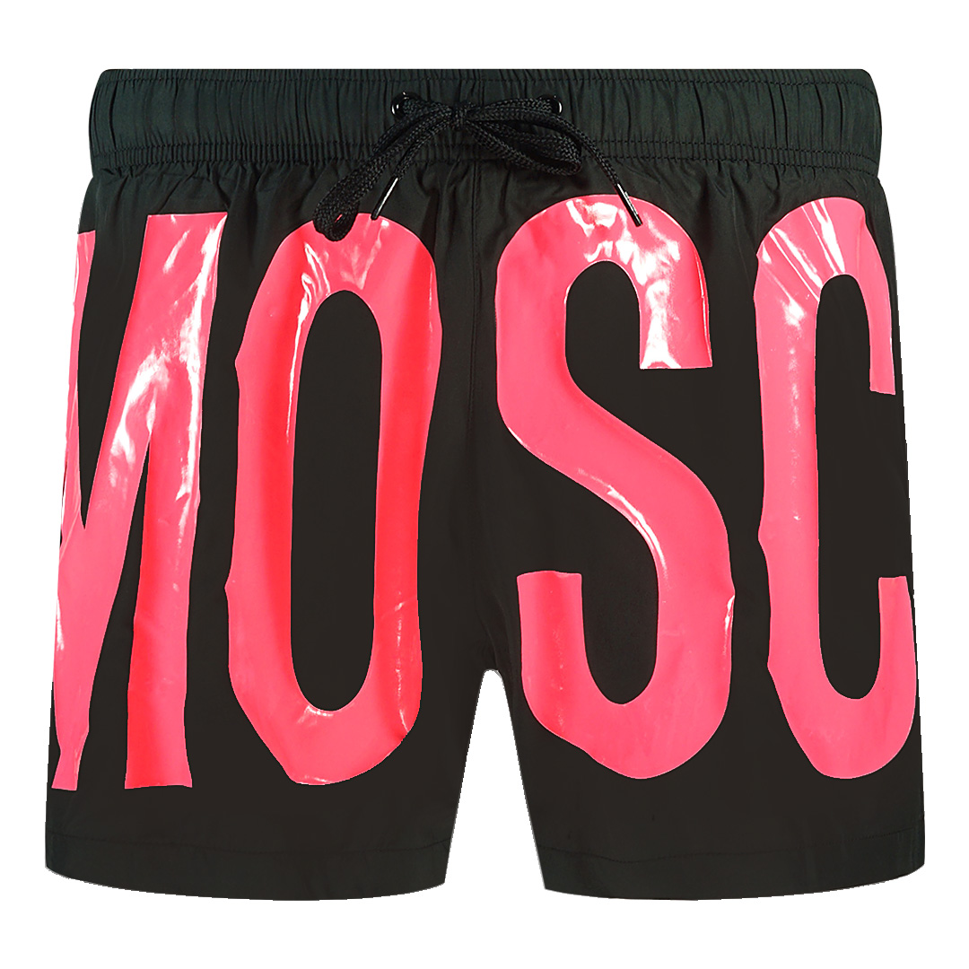 Thumbnail - Moschino Große Rosa Logo Schwarz Schwimmen Shorts