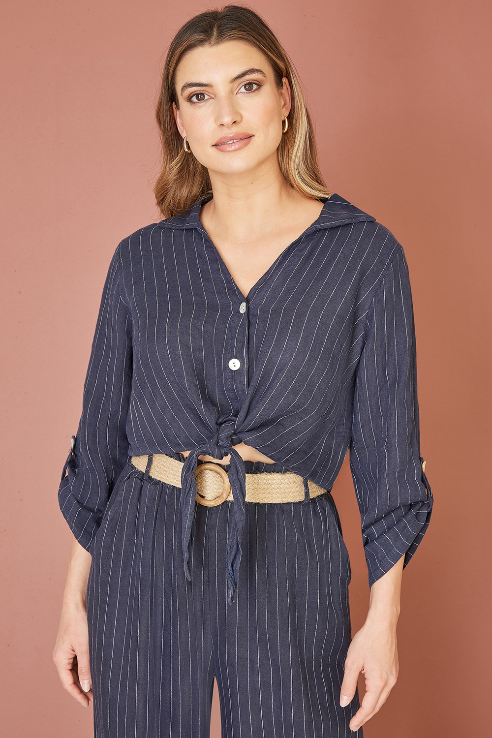 Yumi Womens Navy Striped Italian Linen Shirt - Size Small